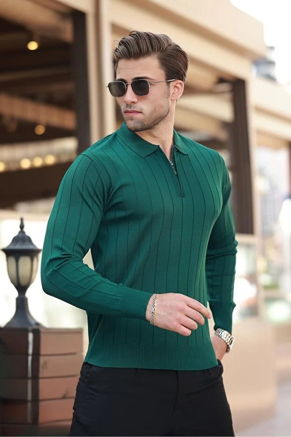 Polo Collar Zippered Knit Sweater