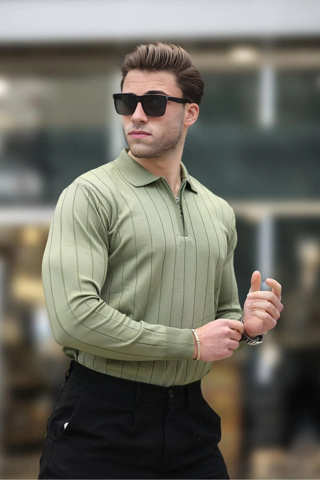 Polo Collar Zippered Knit Sweater