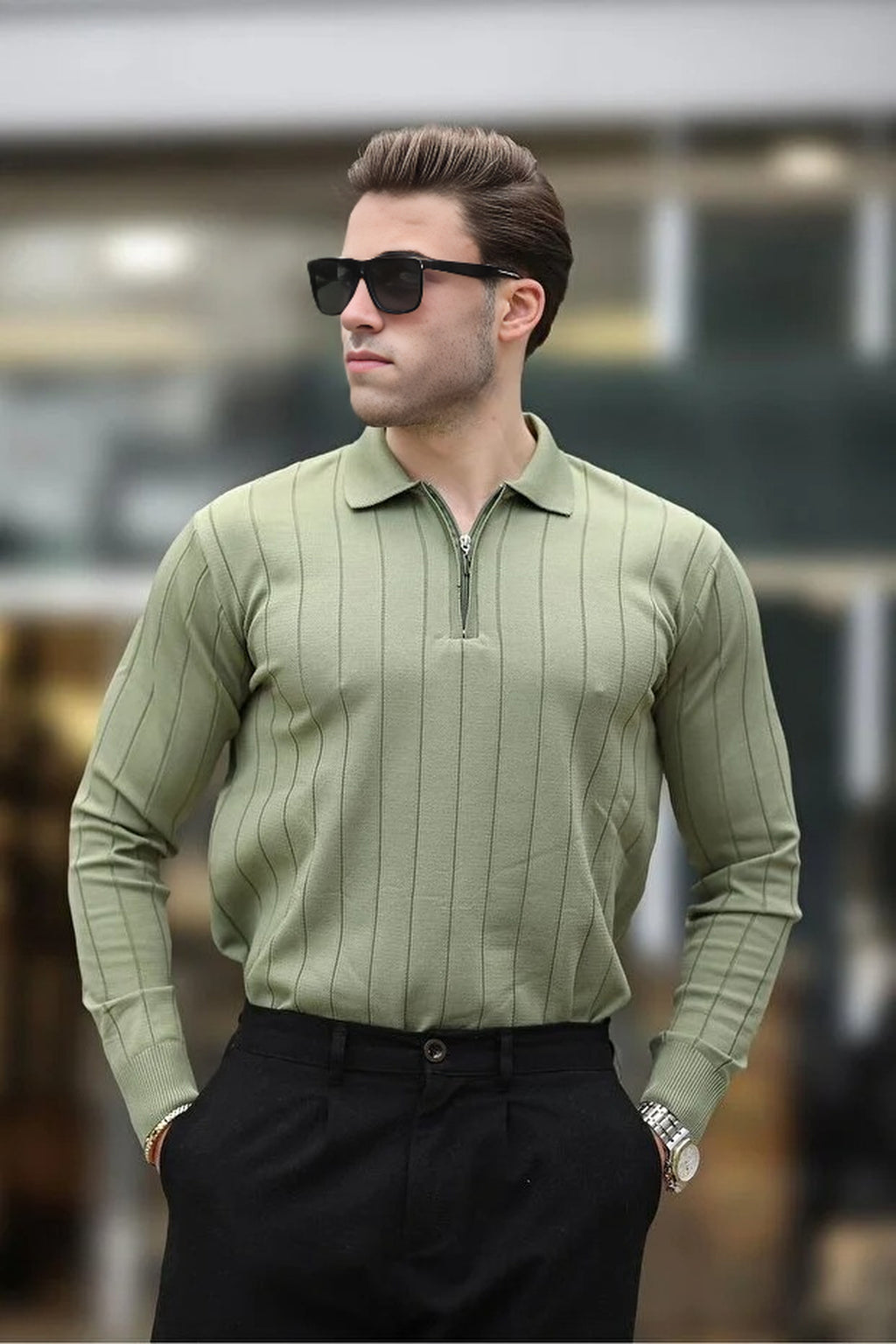 Polo Collar Zippered Knit Sweater