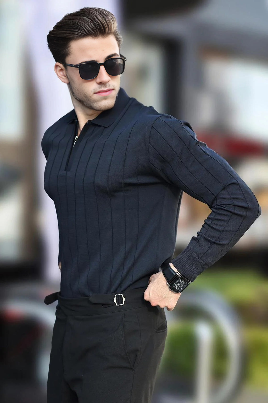 Polo Collar Zippered Knit Sweater