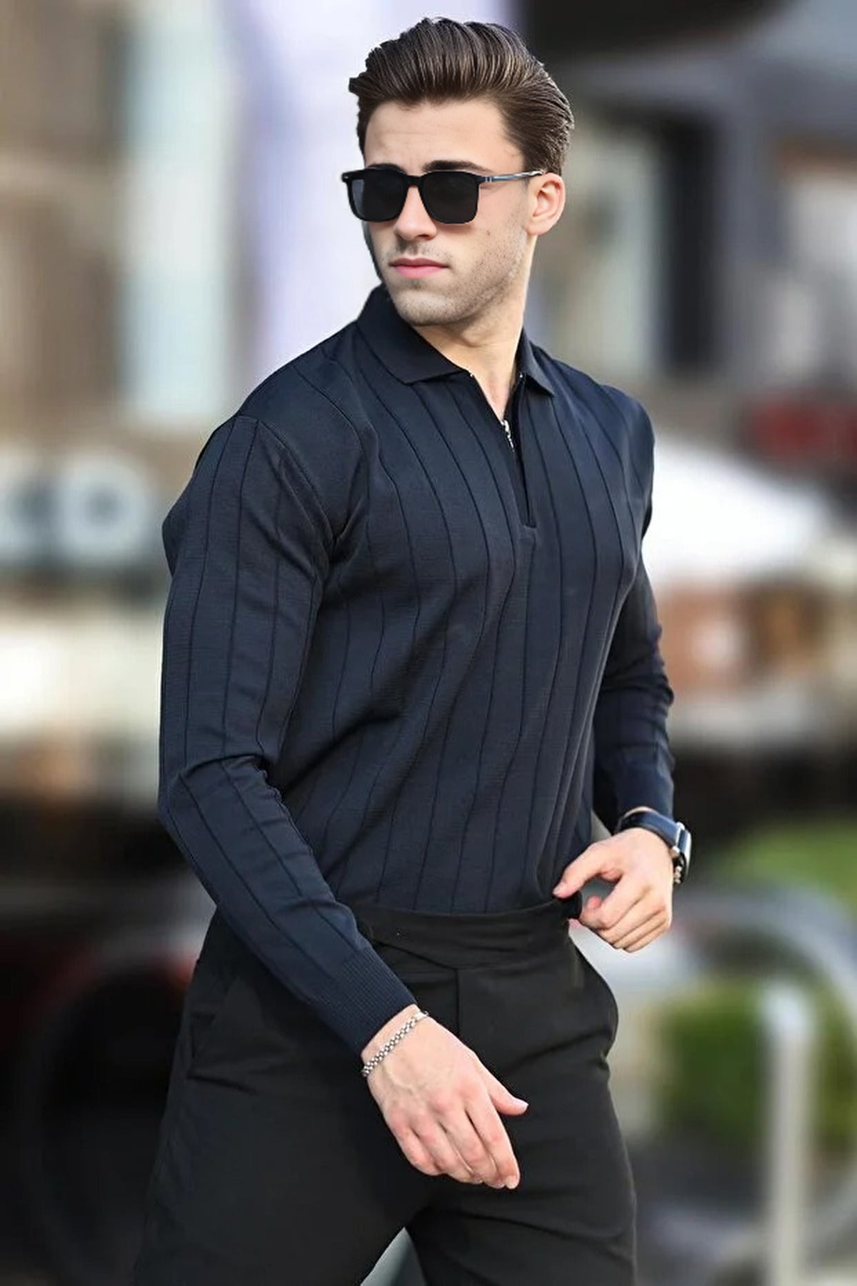 Polo Collar Zippered Knit Sweater