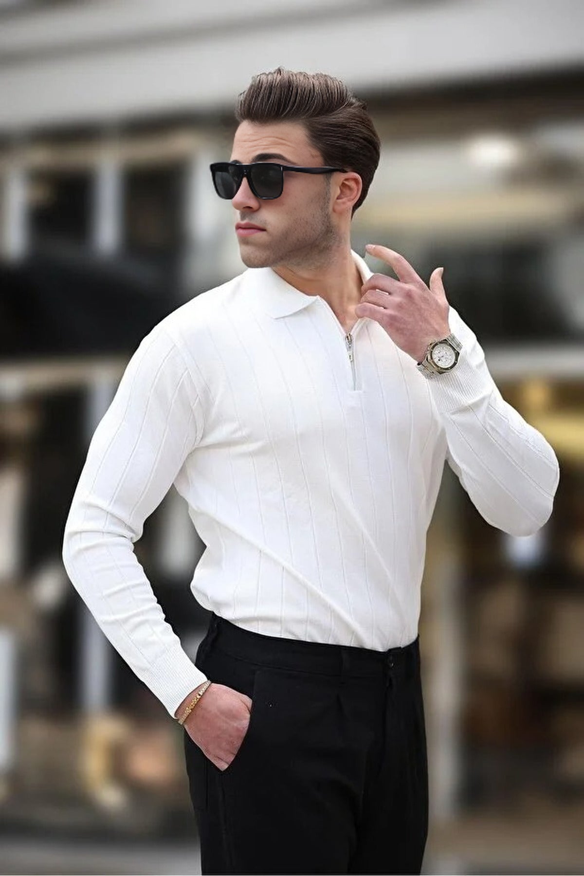 Polo Collar Zippered Knit Sweater