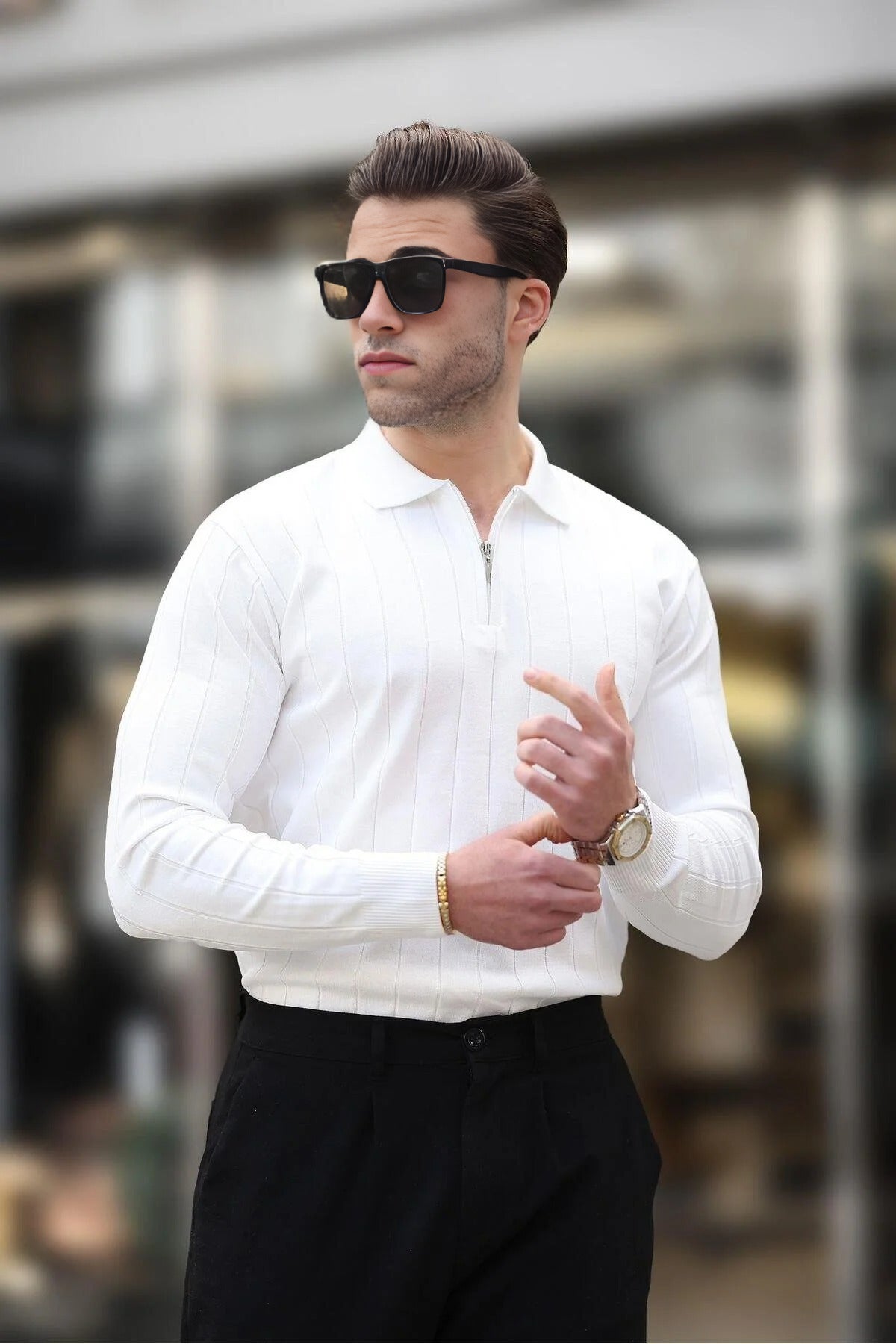 Polo Collar Zippered Knit Sweater