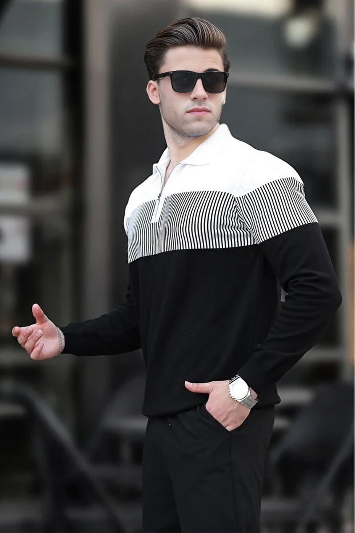 Zipper Collar Color Block Long Sleeve Sweater