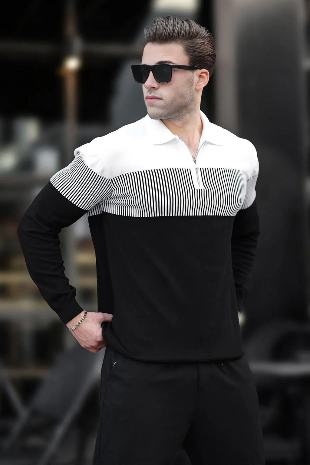 Zipper Collar Color Block Long Sleeve Sweater