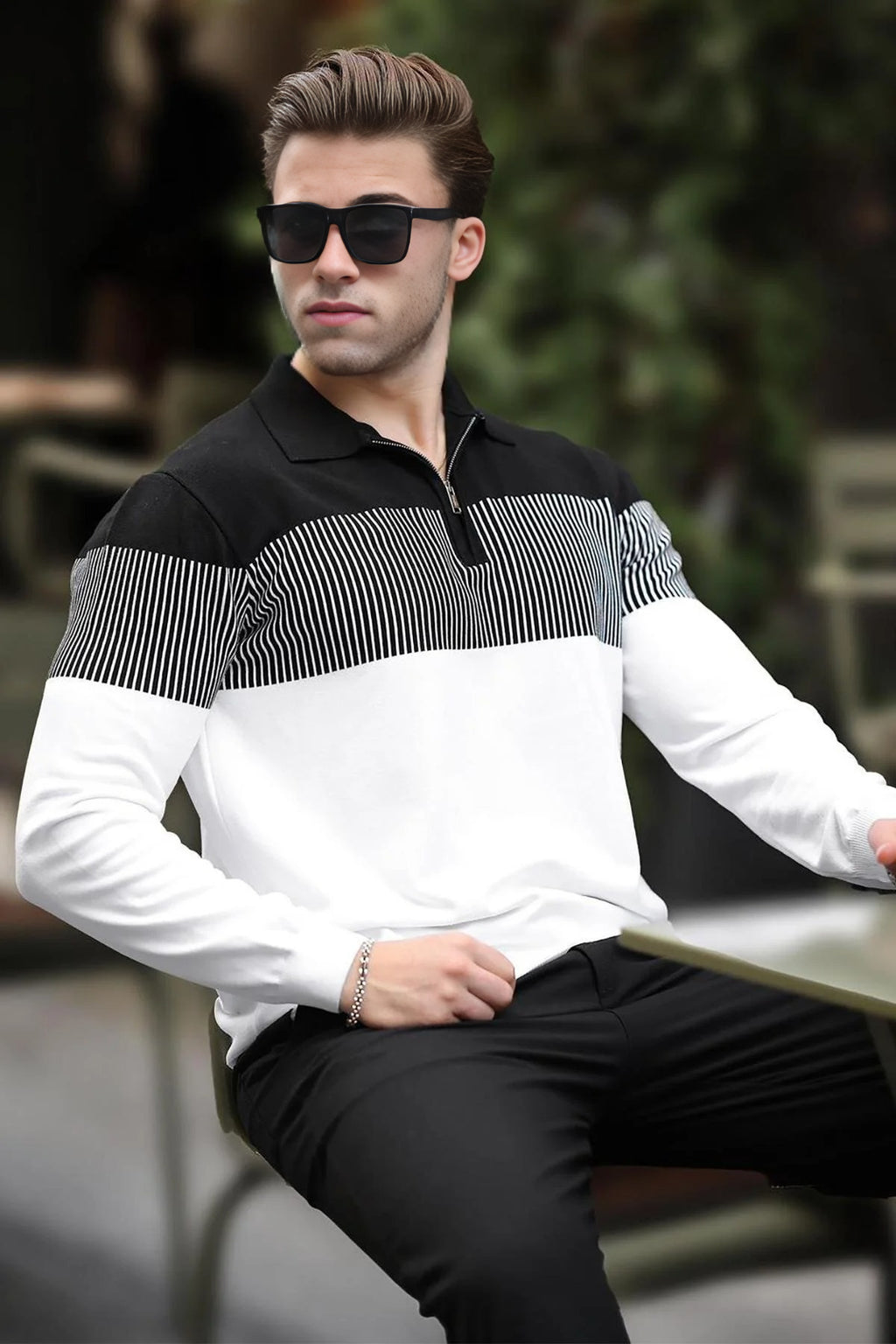 Zipper Collar Color Block Long Sleeve Sweater