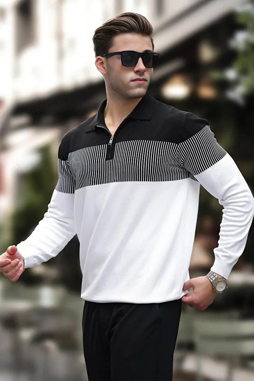 Zipper Collar Color Block Long Sleeve Sweater