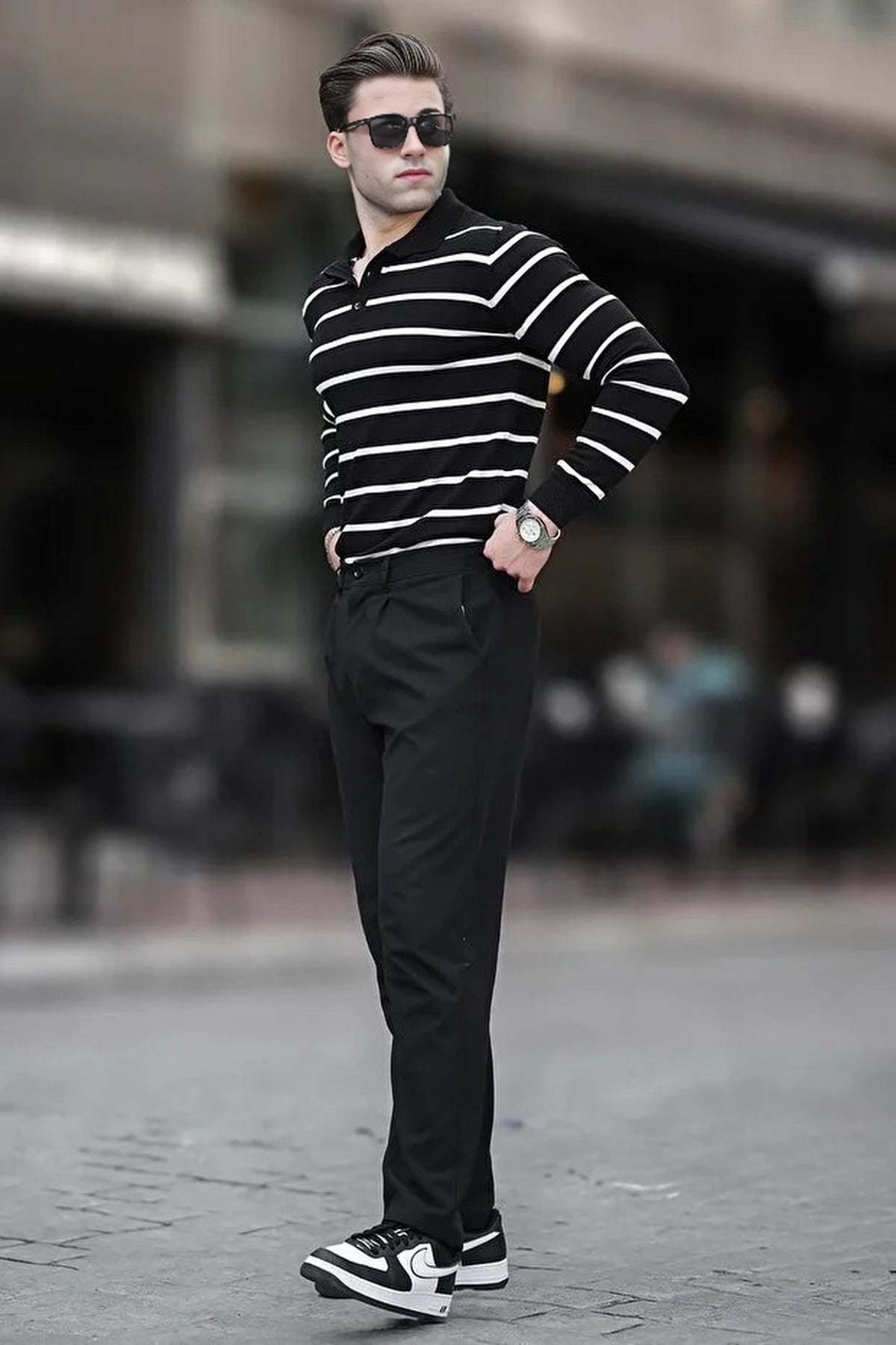 Buttoned Polo Neck Striped Long Sleeve Sweater