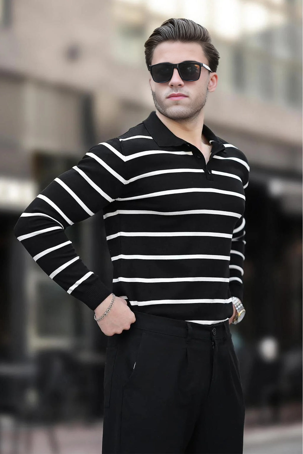 Buttoned Polo Neck Striped Long Sleeve Sweater