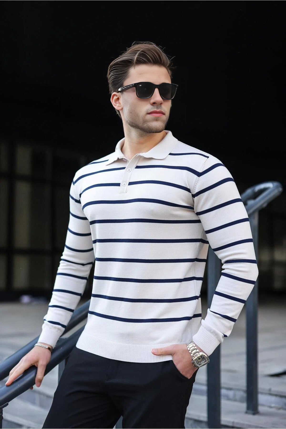 Buttoned Polo Neck Striped Long Sleeve Sweater