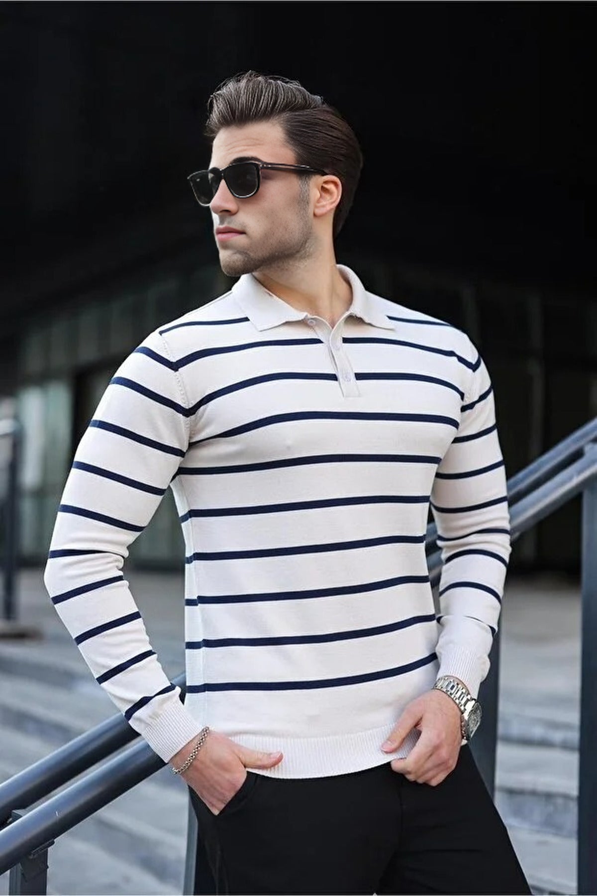 Buttoned Polo Neck Striped Long Sleeve Sweater