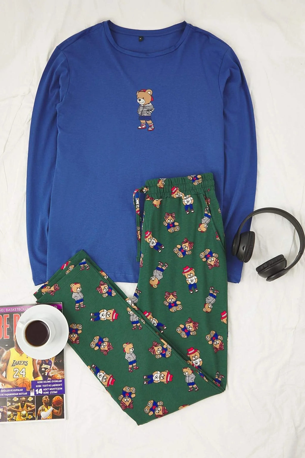 2-Piece Teddy Bear Print Knit Pajama Set