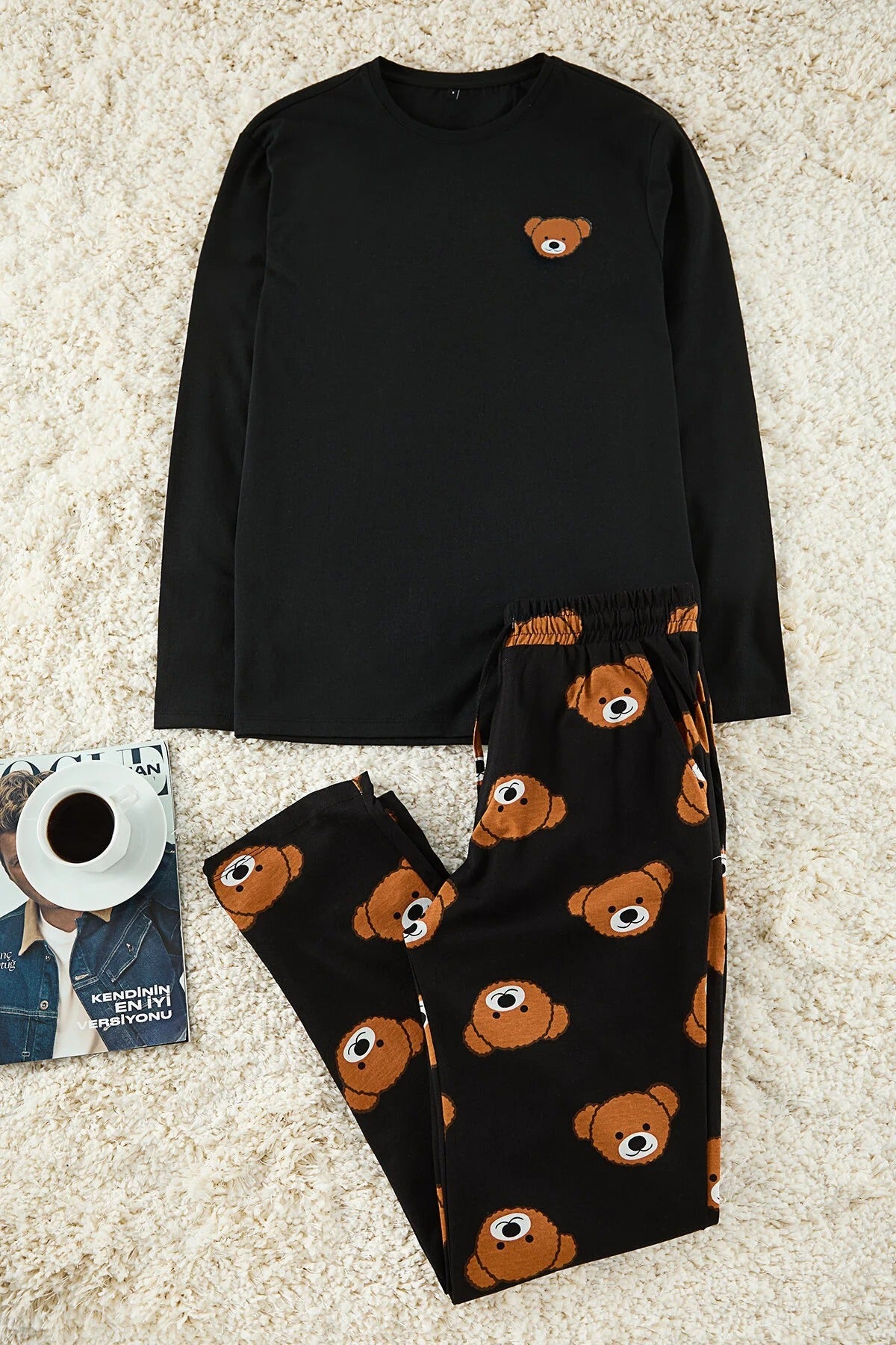 2-Piece Regular Fit Teddy Bear Print Knit Pajama Set