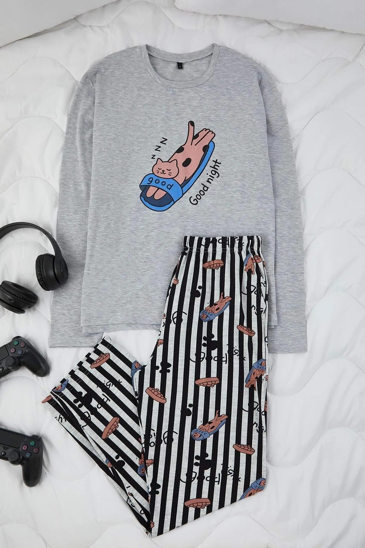 2-Piece Regular Fit Cat Print Cotton Knit Pajama Set