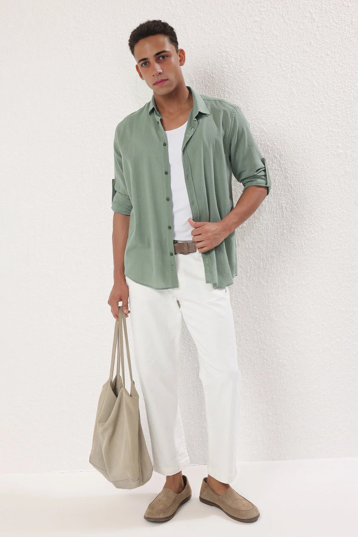 Linen Look Shirt with Epaulettes and Wrinkled Effect