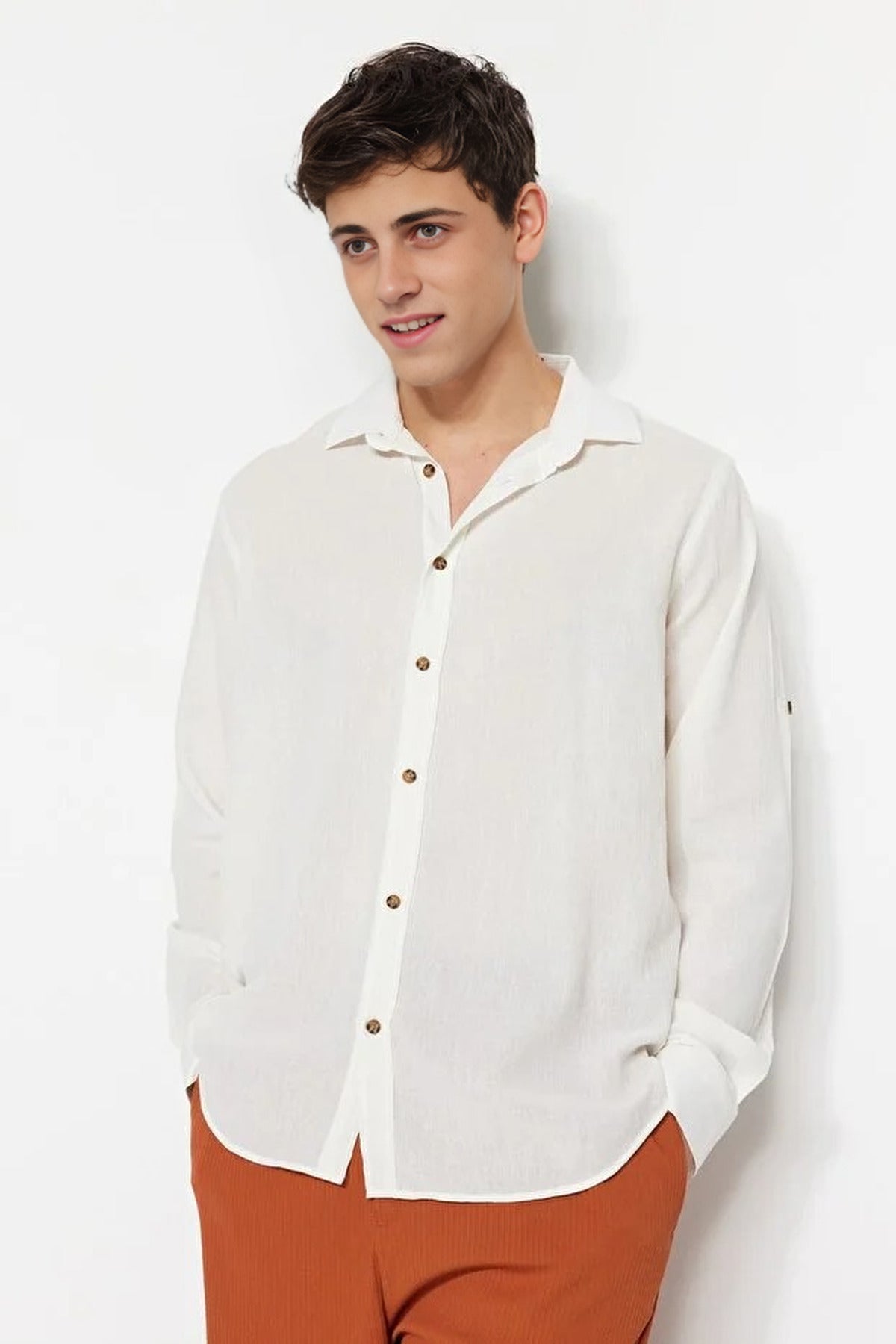 Linen Look Shirt with Epaulettes and Wrinkled Effect