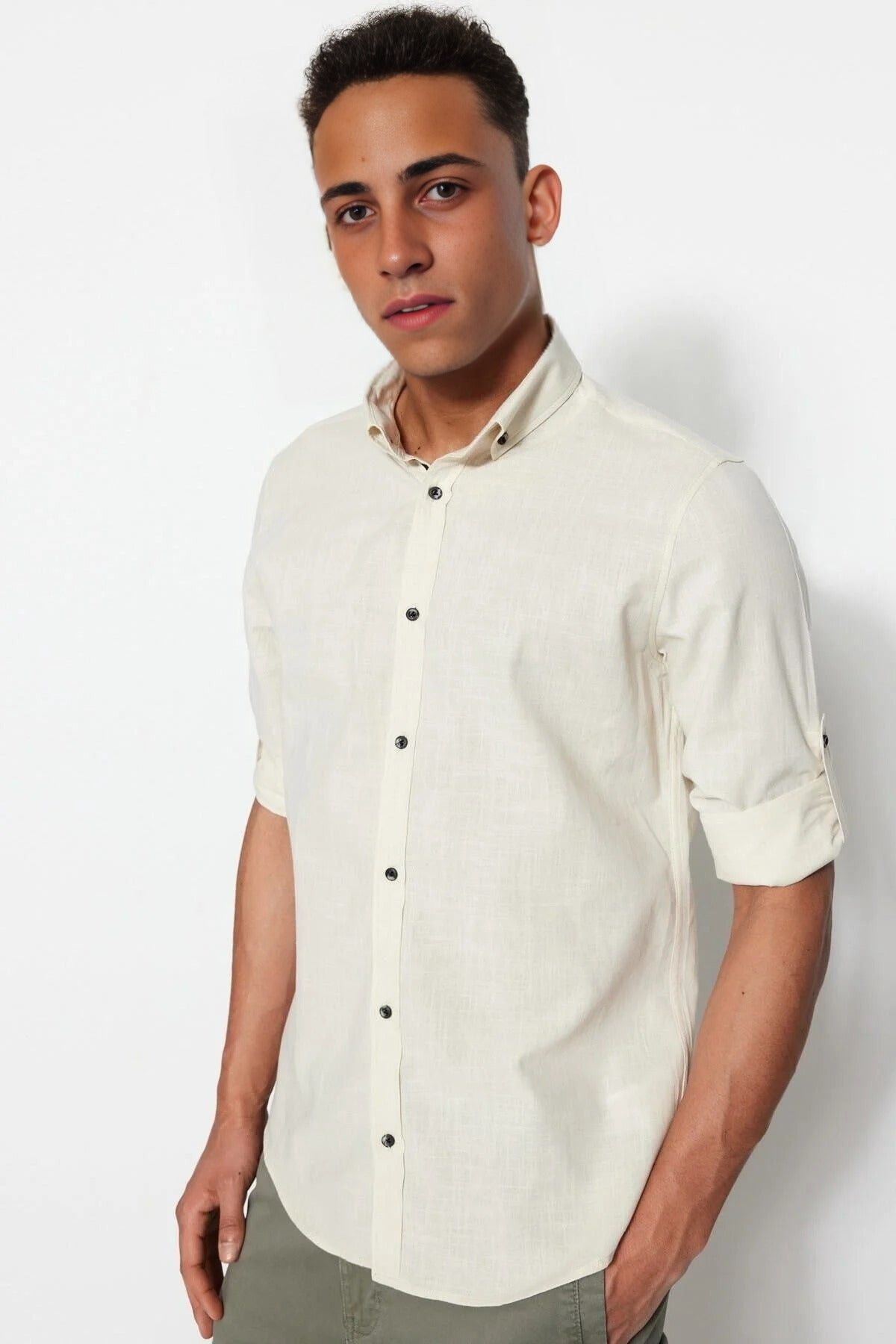 Slim Fit 100% Cotton Linen Look Shirt