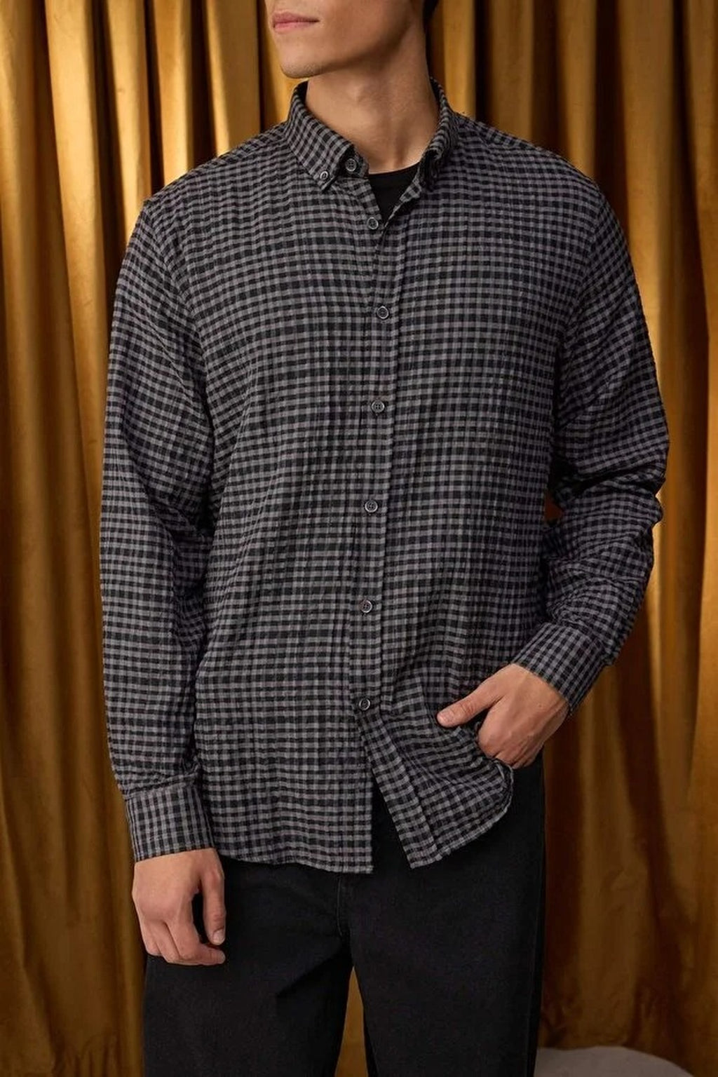 Regular Fit Argyle Textured Seersucker Fabric Shirt