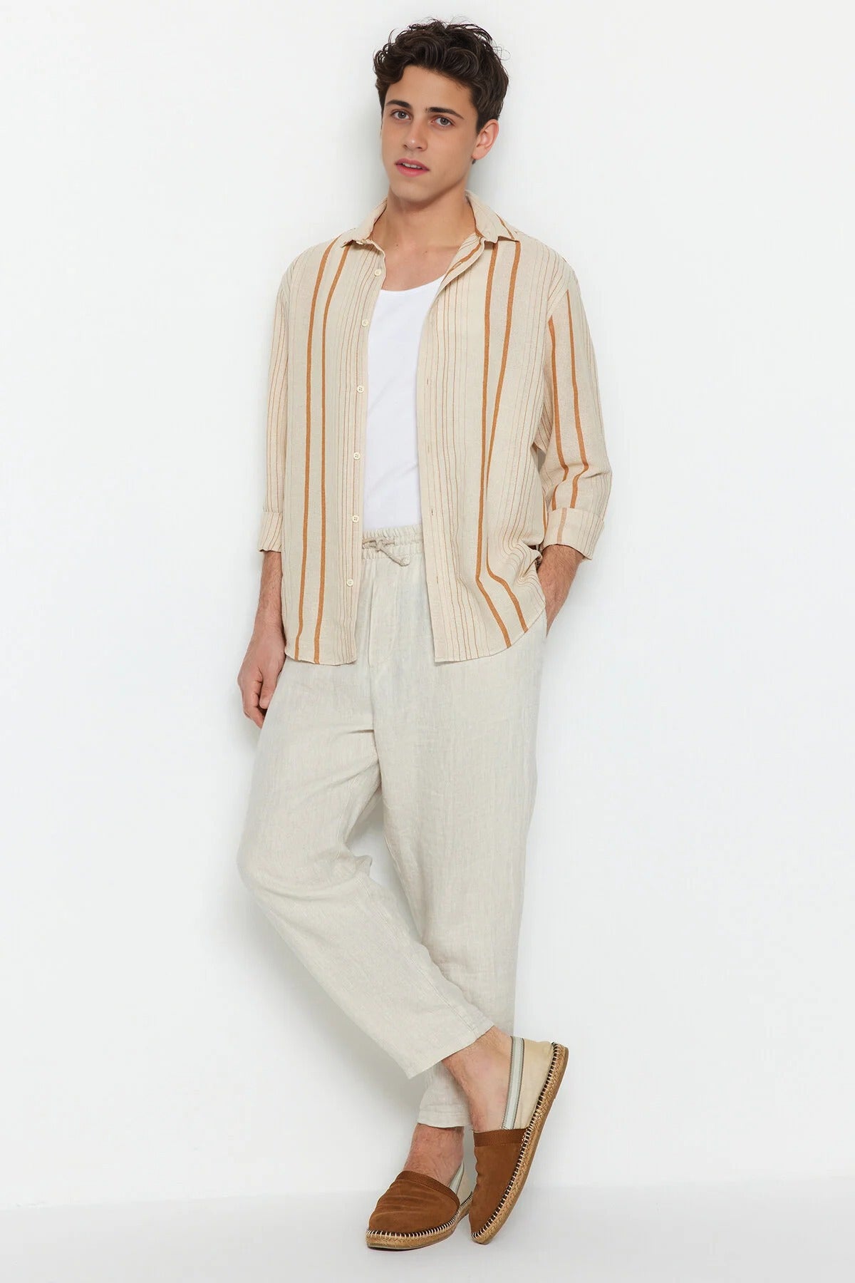 Regular Fit Striped Linen Textured Shirt