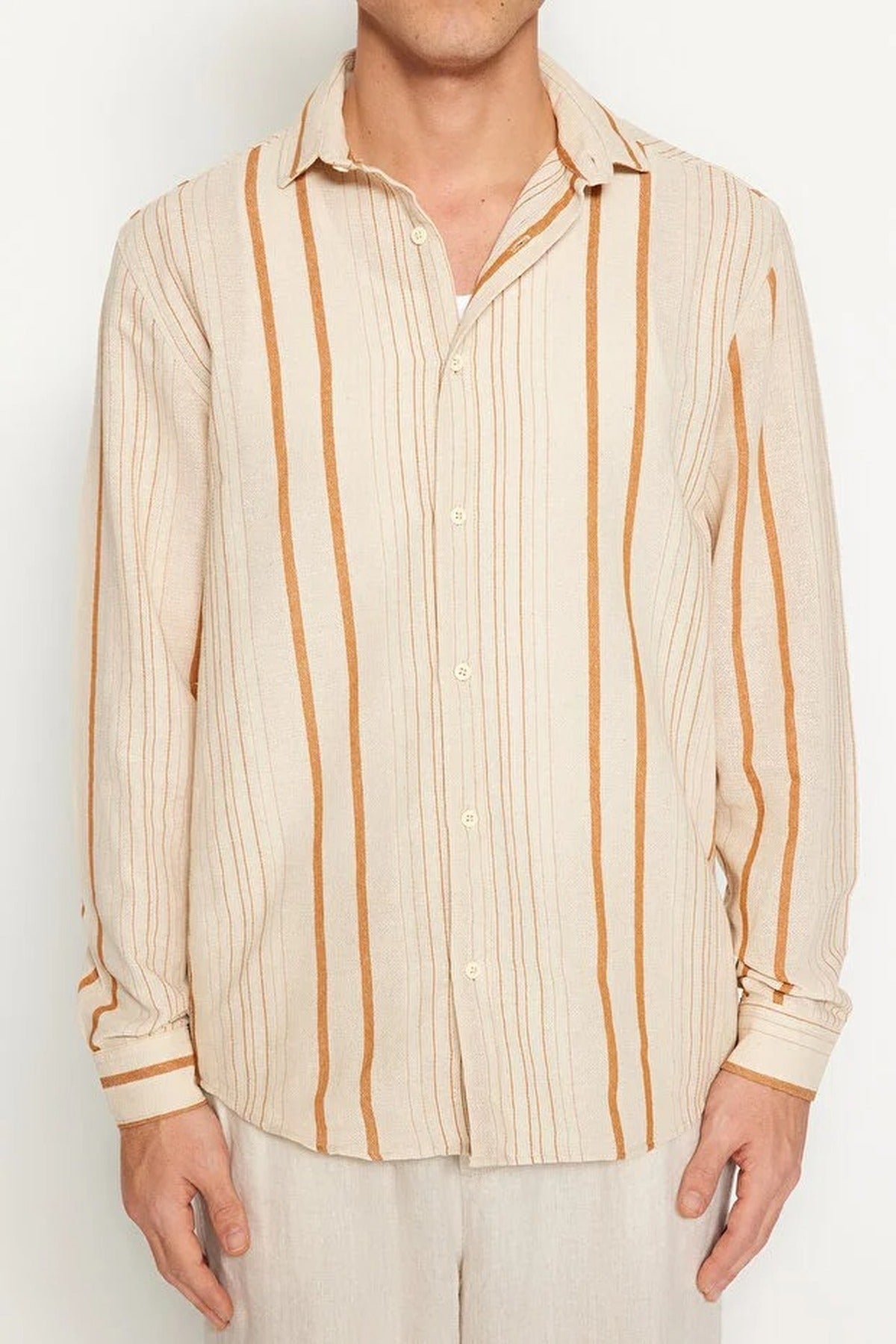 Regular Fit Striped Linen Textured Shirt