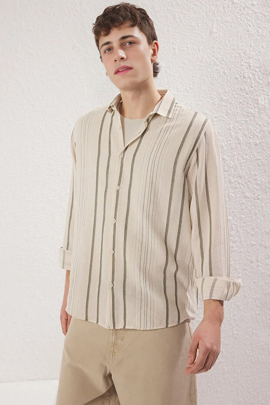 Regular Fit Striped Linen Textured Shirt