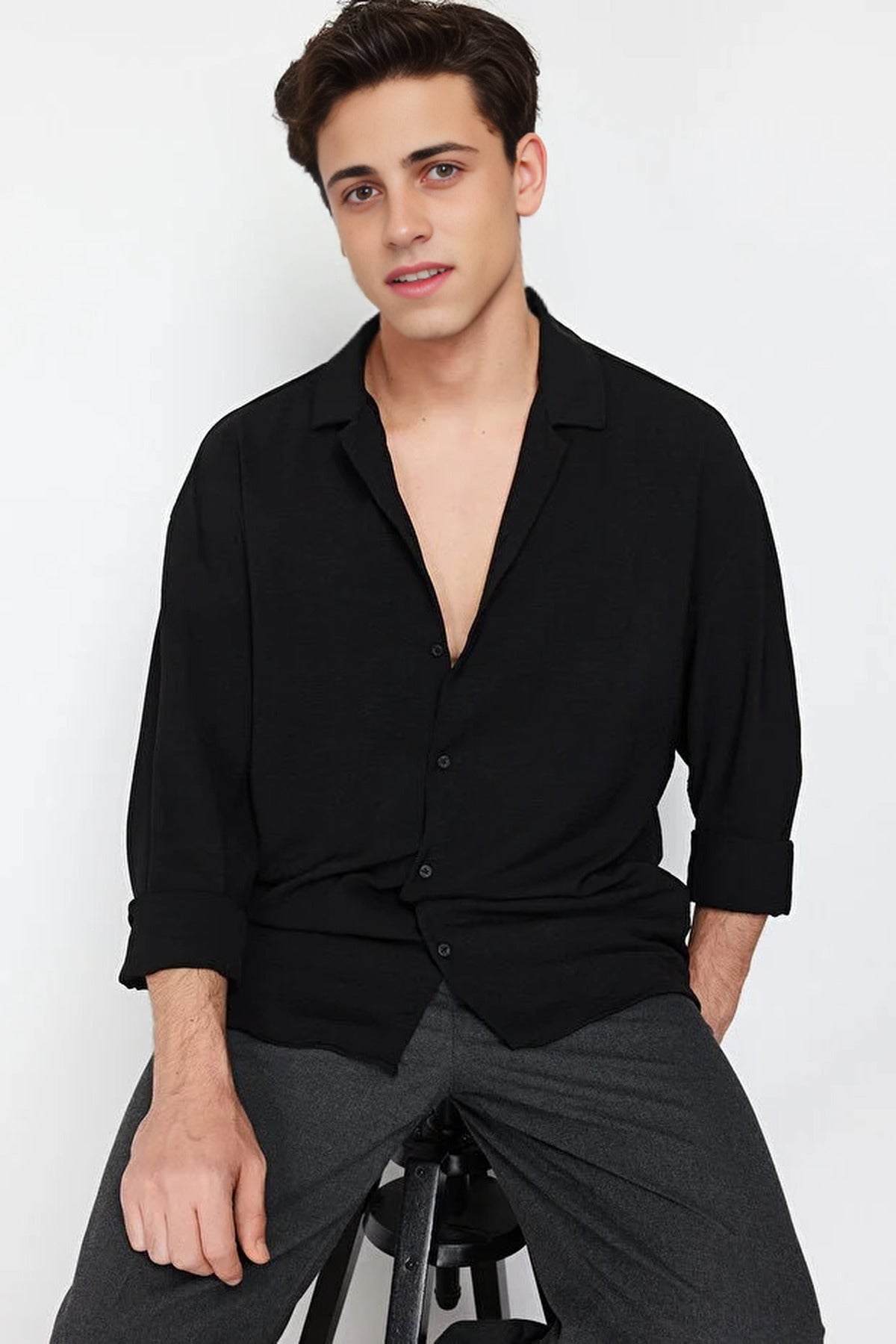 Oversize Fit Open Collar Linen Look Shirt