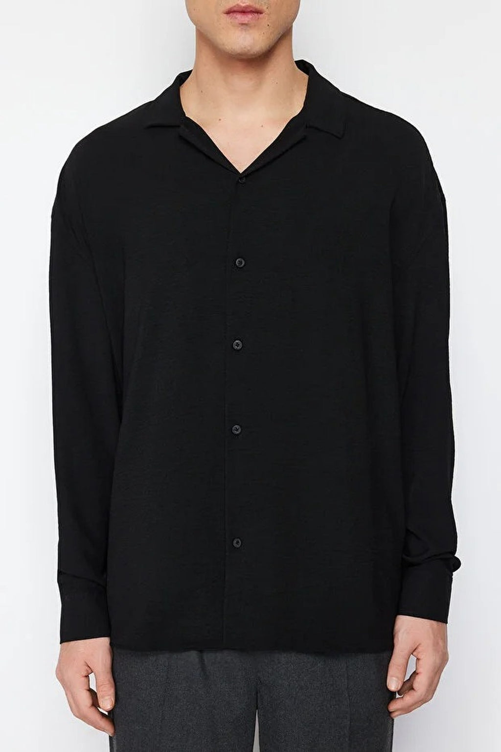 Oversize Fit Open Collar Linen Look Shirt