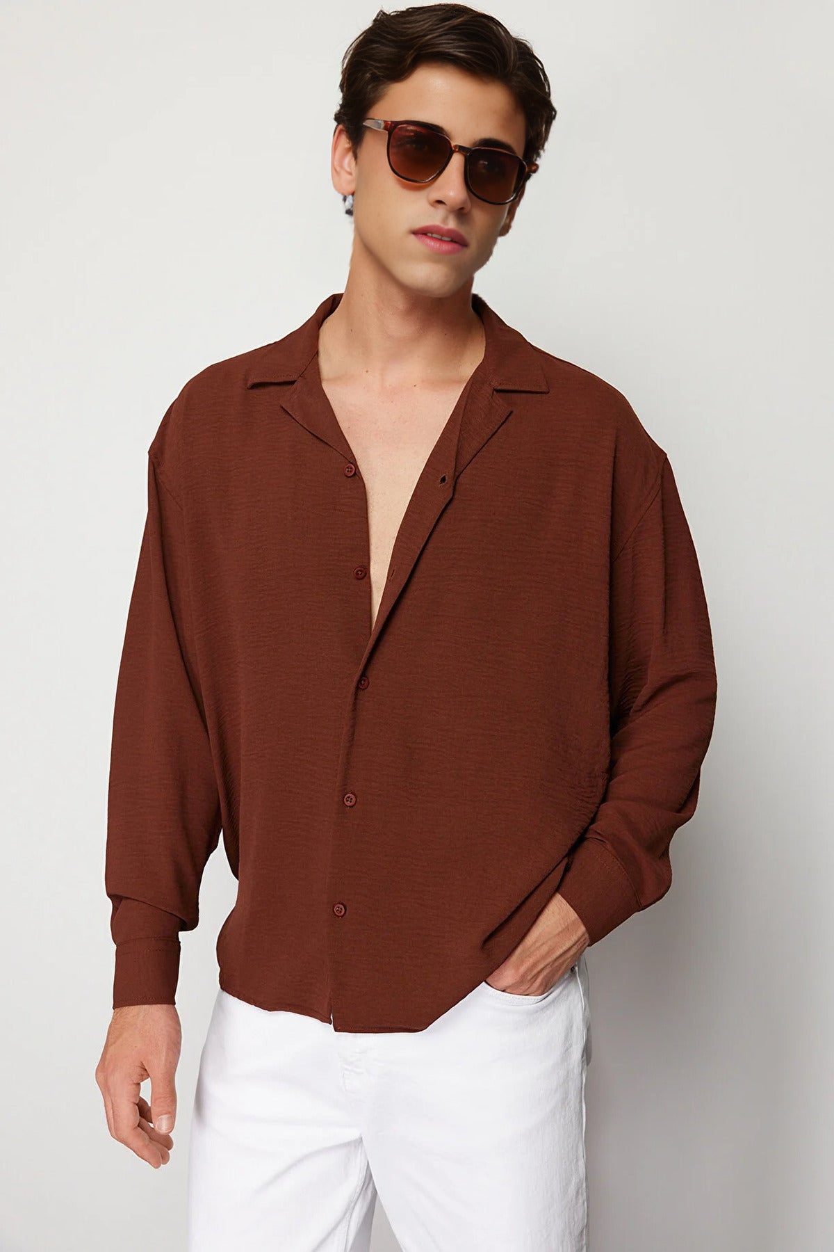 Oversize Fit Open Collar Linen Look Shirt