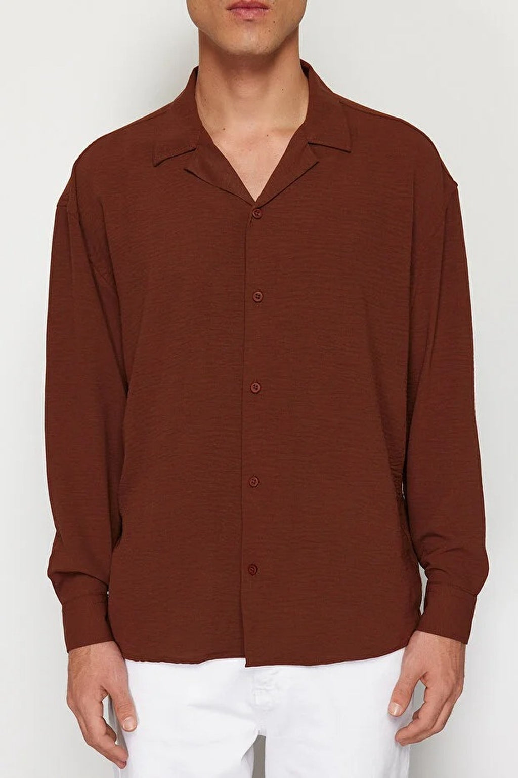Oversize Fit Open Collar Linen Look Shirt