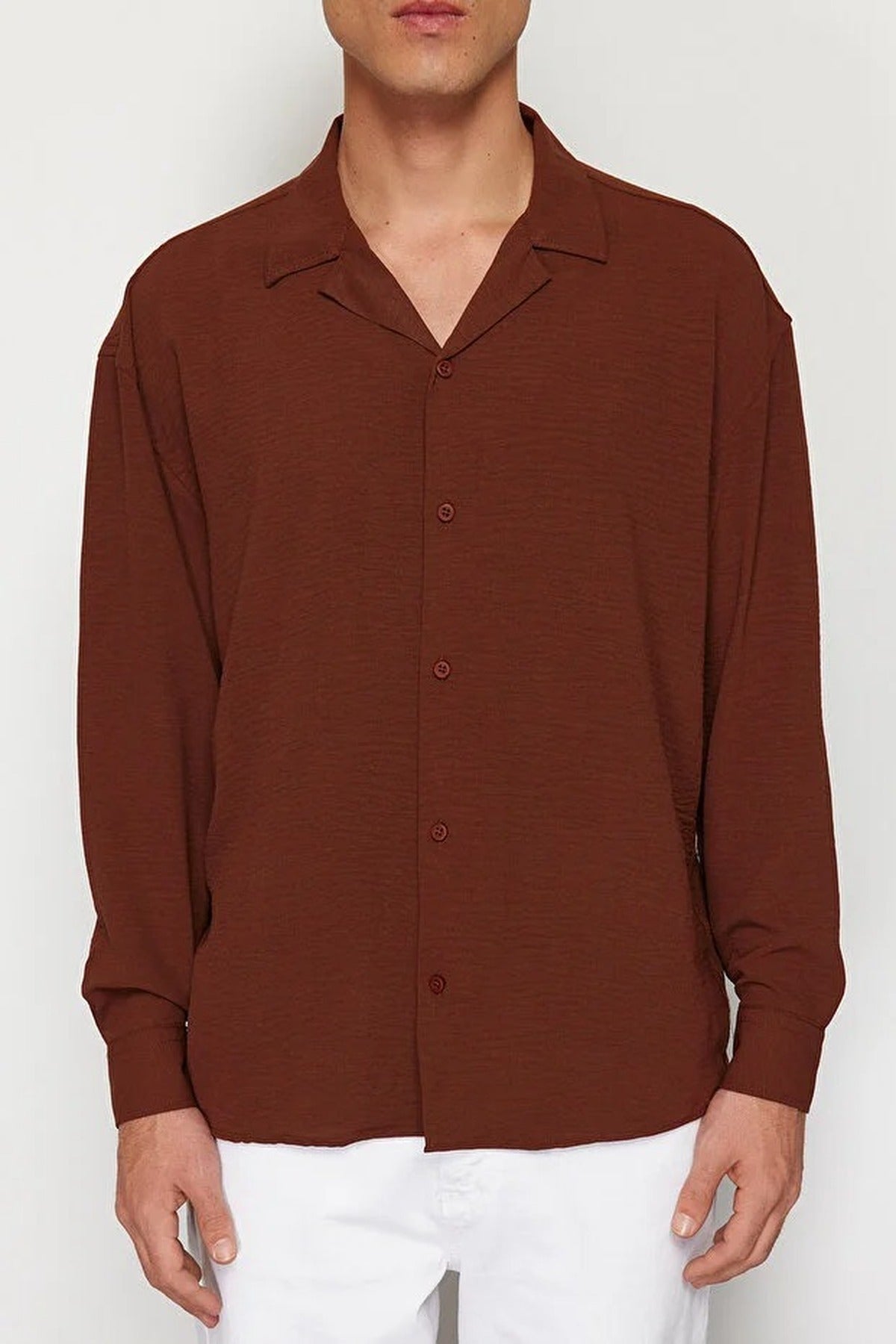 Oversize Fit Open Collar Linen Look Shirt