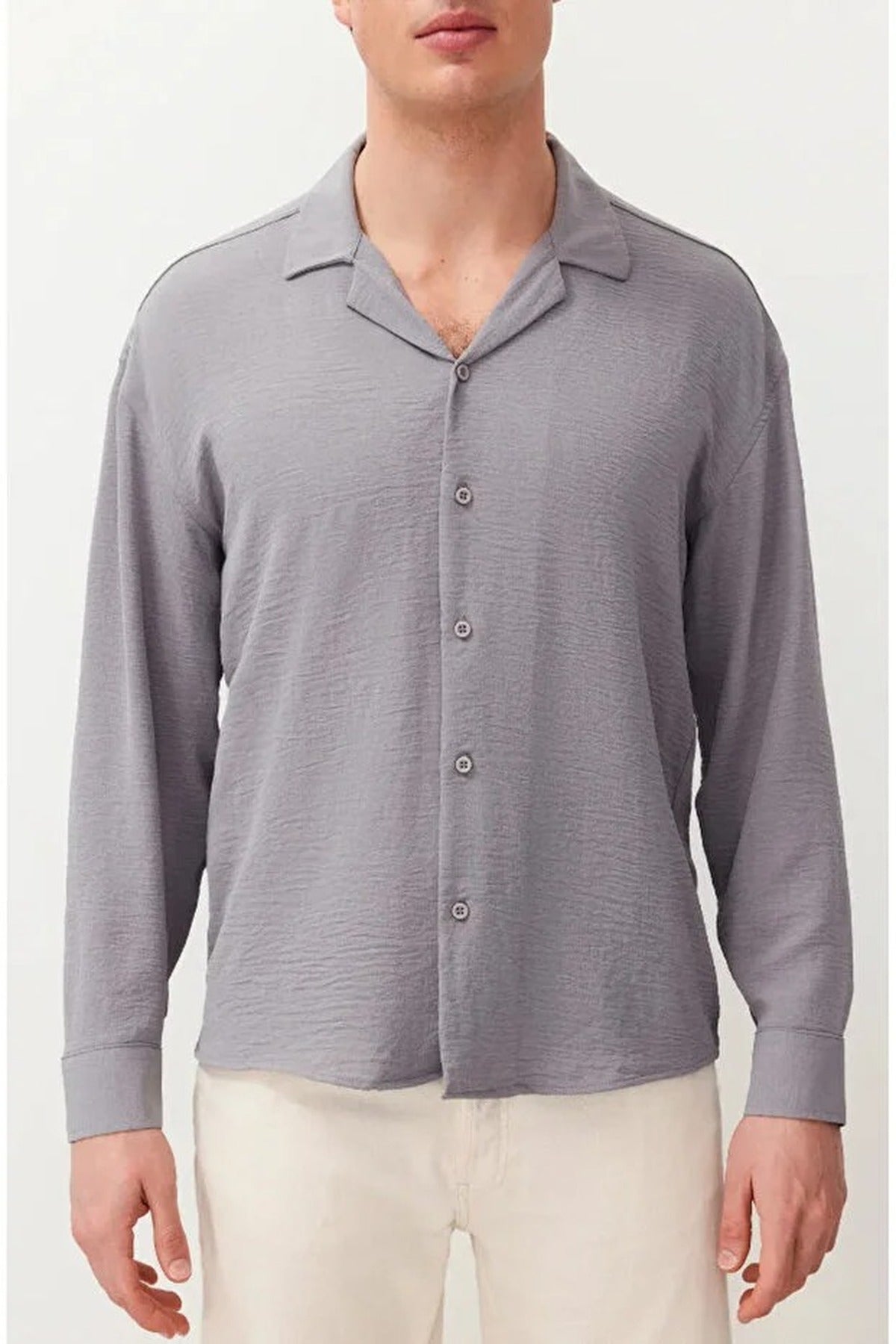 Oversize Fit Open Collar Linen Look Shirt