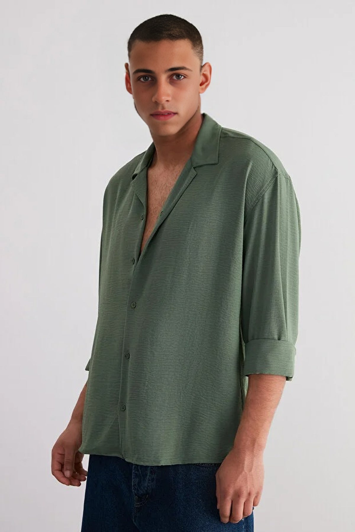 Oversize Fit Open Collar Linen Look Shirt