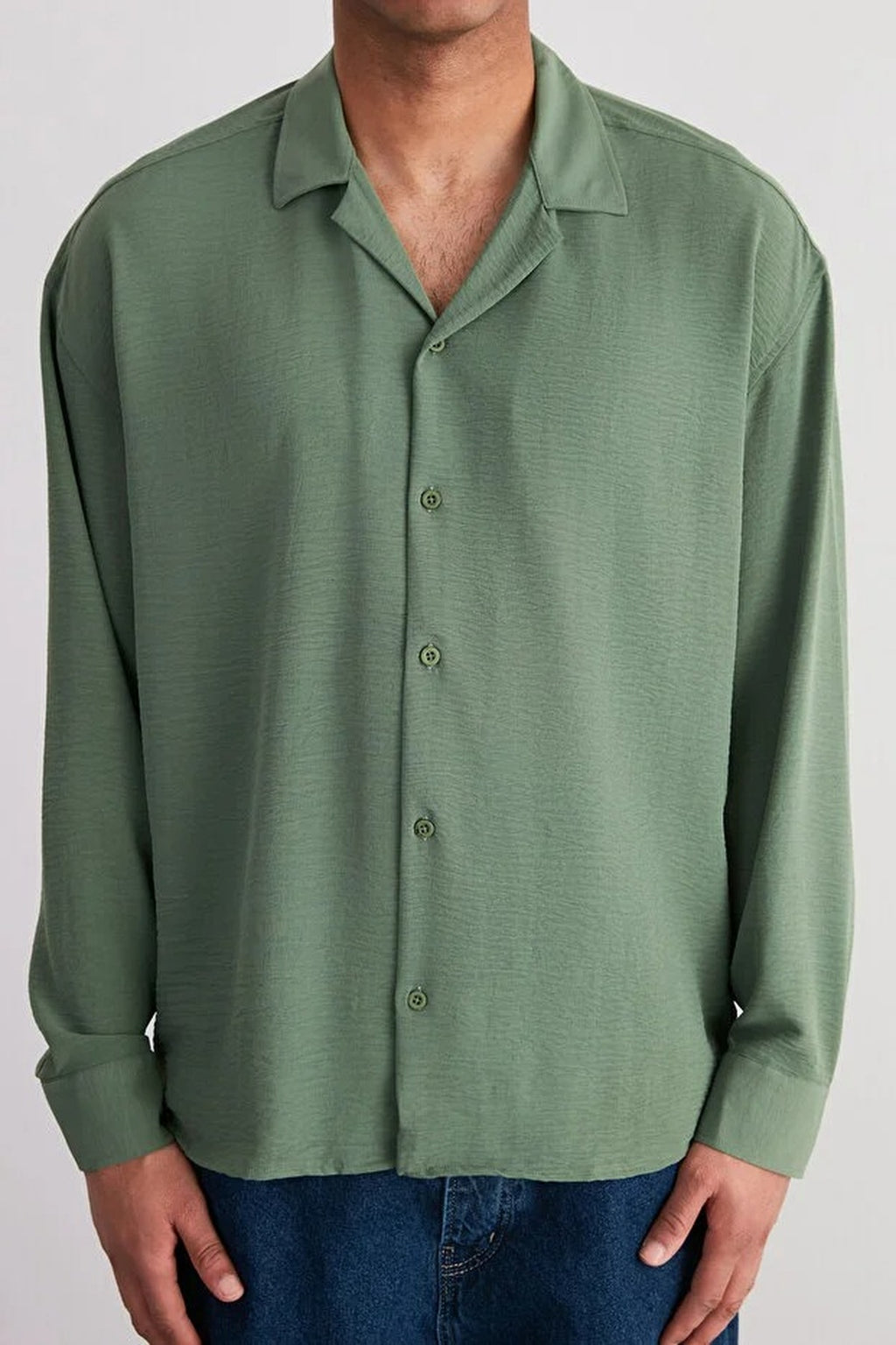 Oversize Fit Open Collar Linen Look Shirt