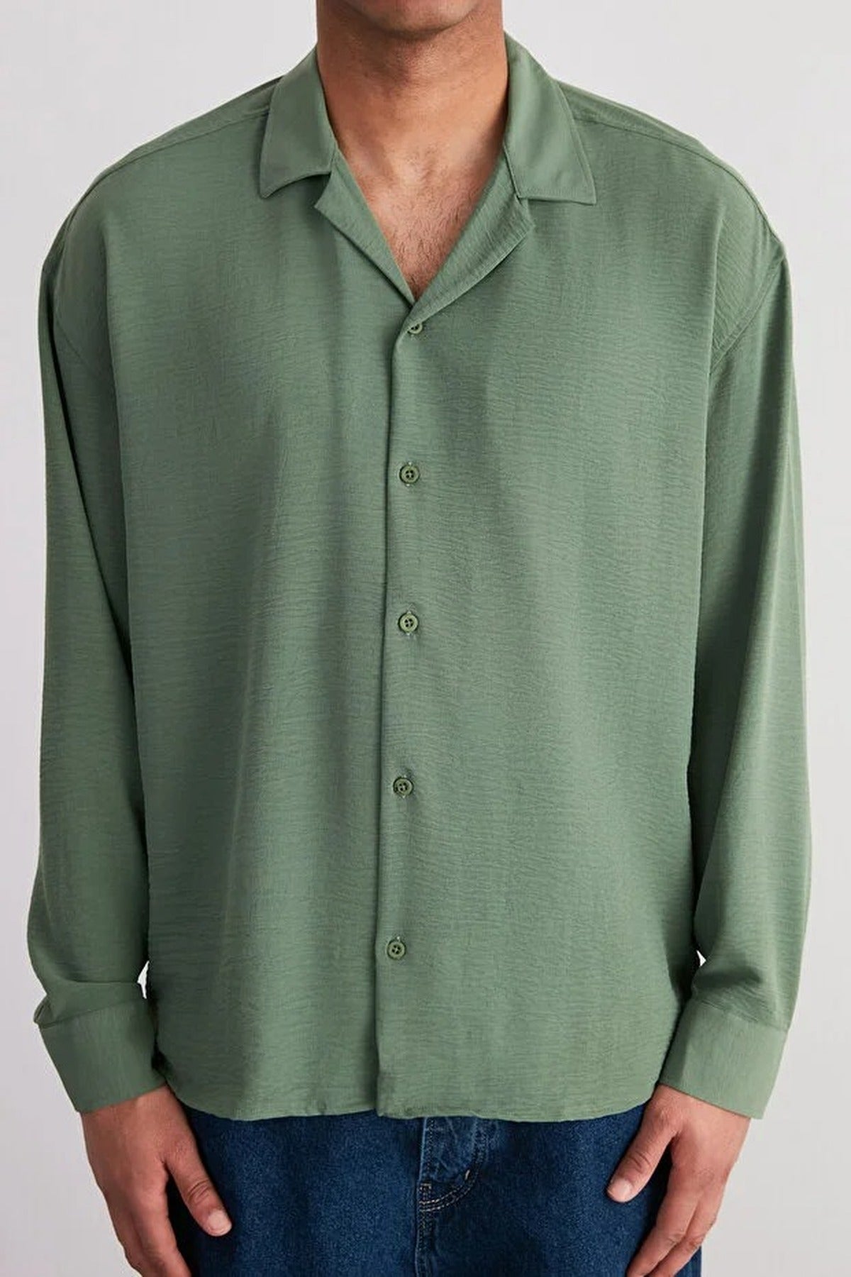 Oversize Fit Open Collar Linen Look Shirt