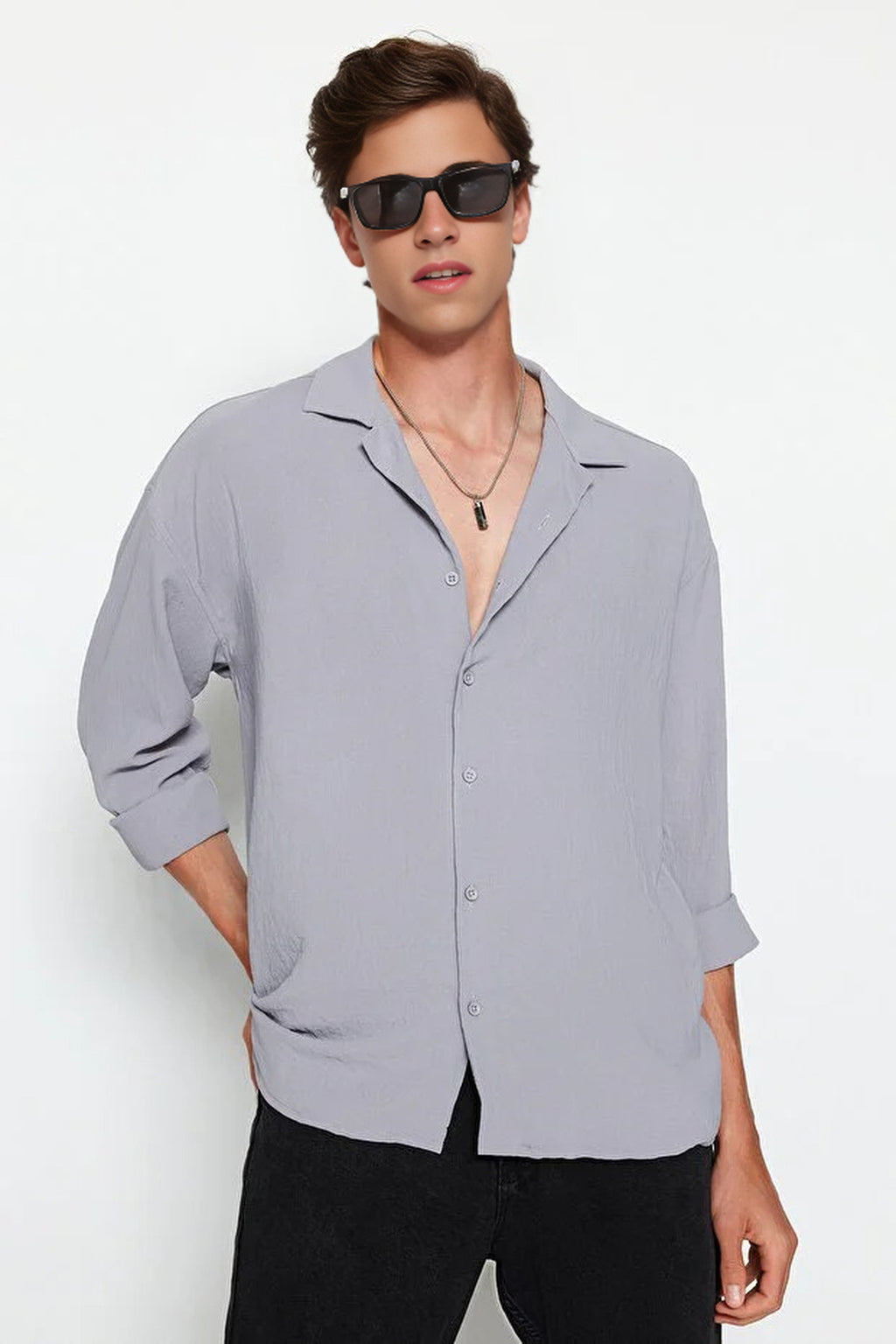 Oversize Fit Open Collar Linen Look Shirt