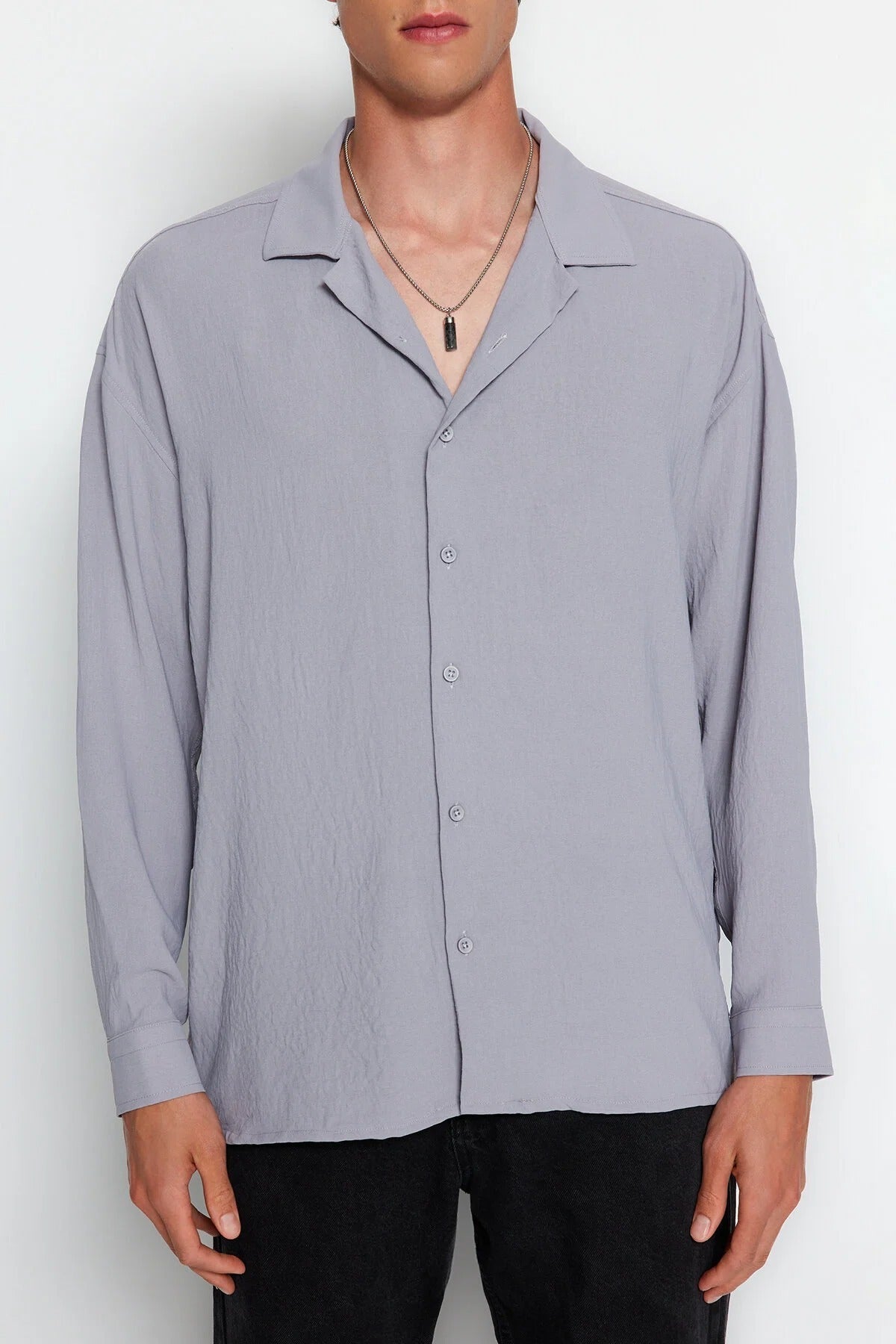 Oversize Fit Open Collar Linen Look Shirt