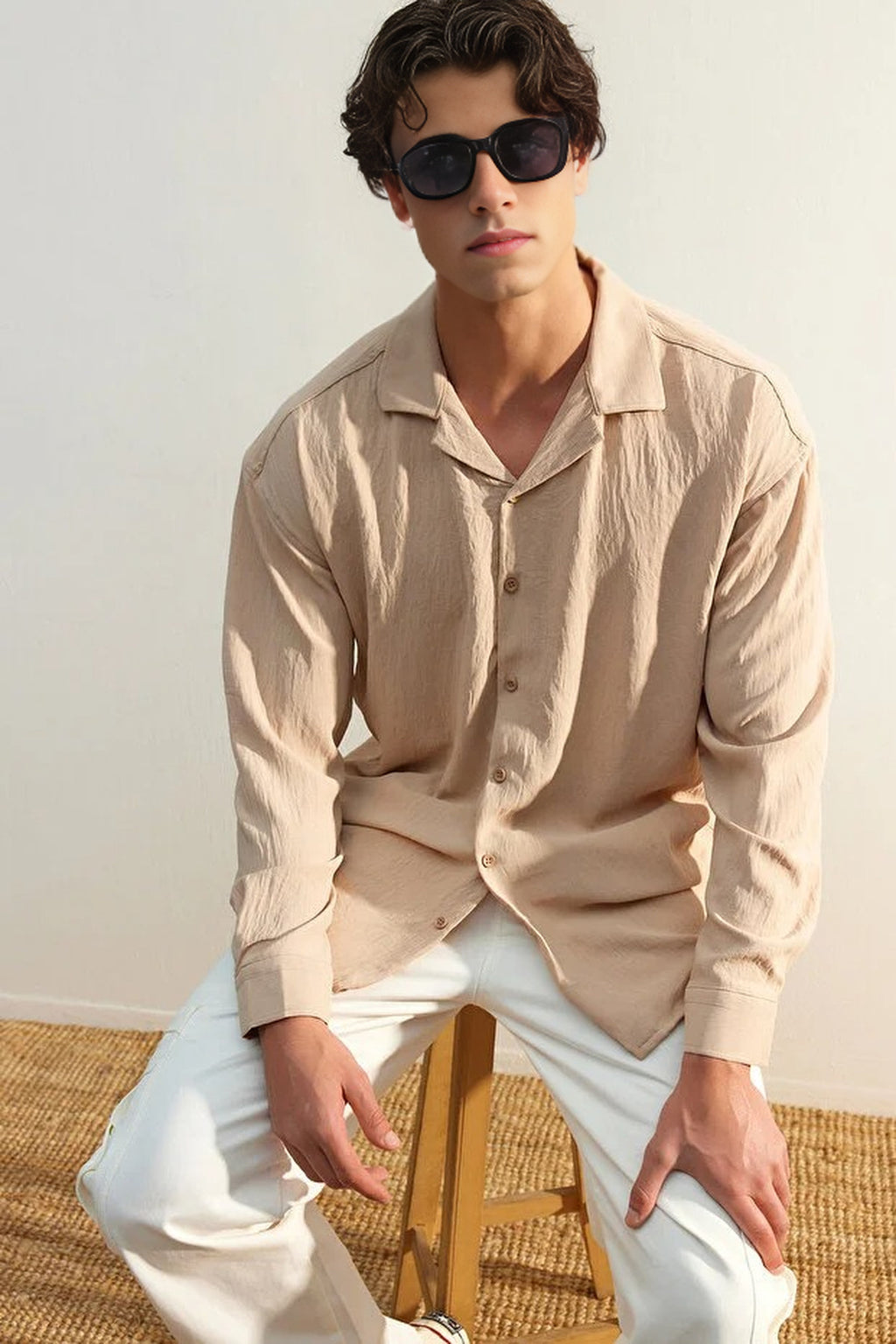 Oversize Fit Open Collar Linen Look Shirt