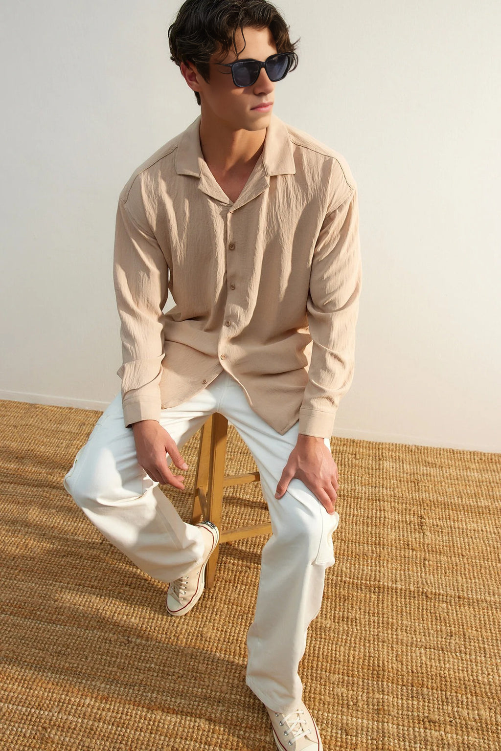 Oversize Fit Open Collar Linen Look Shirt