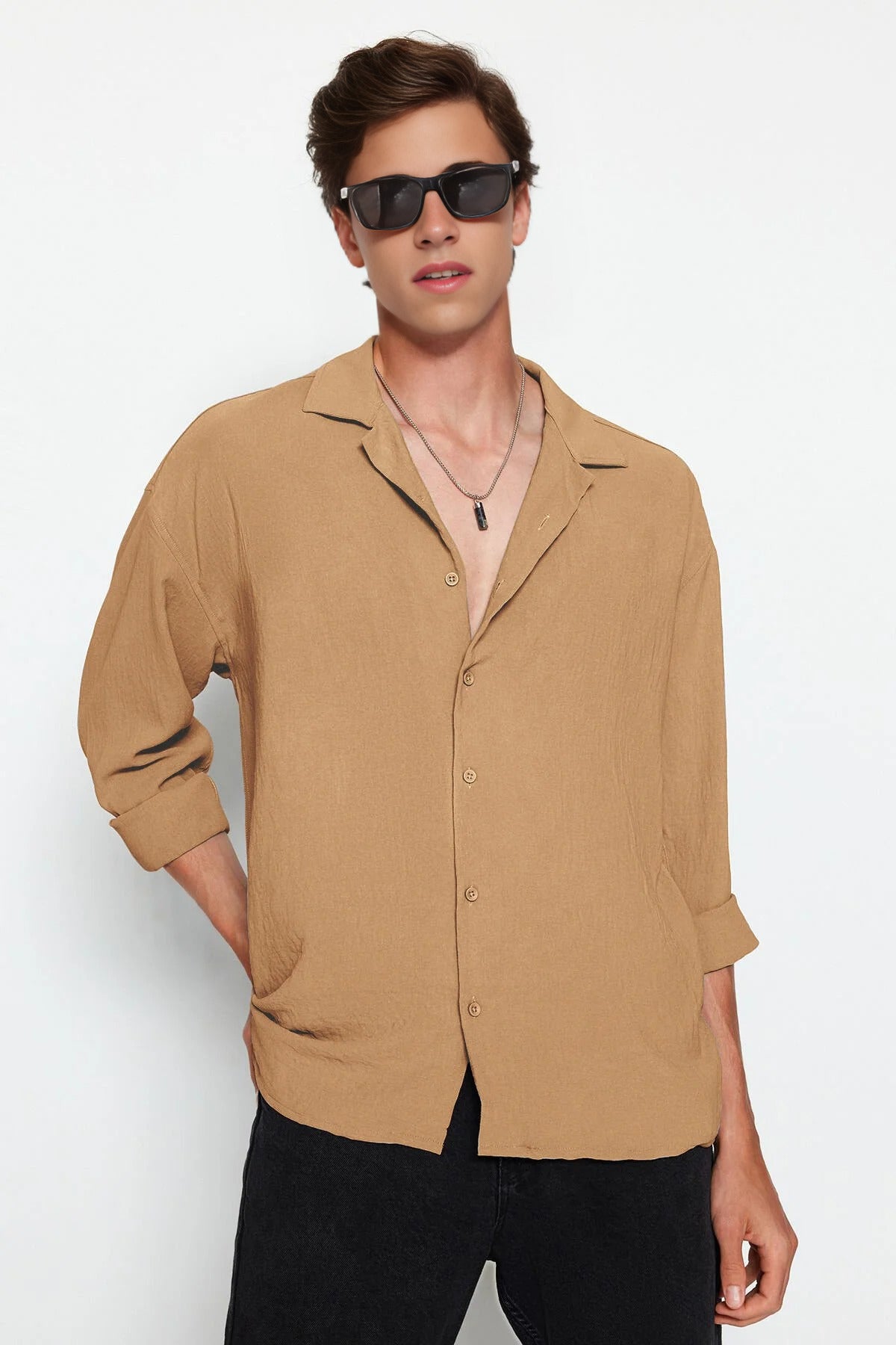 Oversize Fit Open Collar Linen Look Shirt