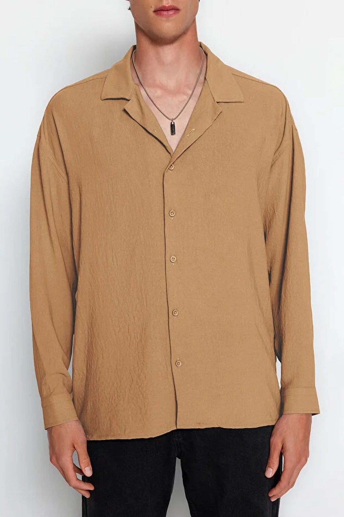 Oversize Fit Open Collar Linen Look Shirt