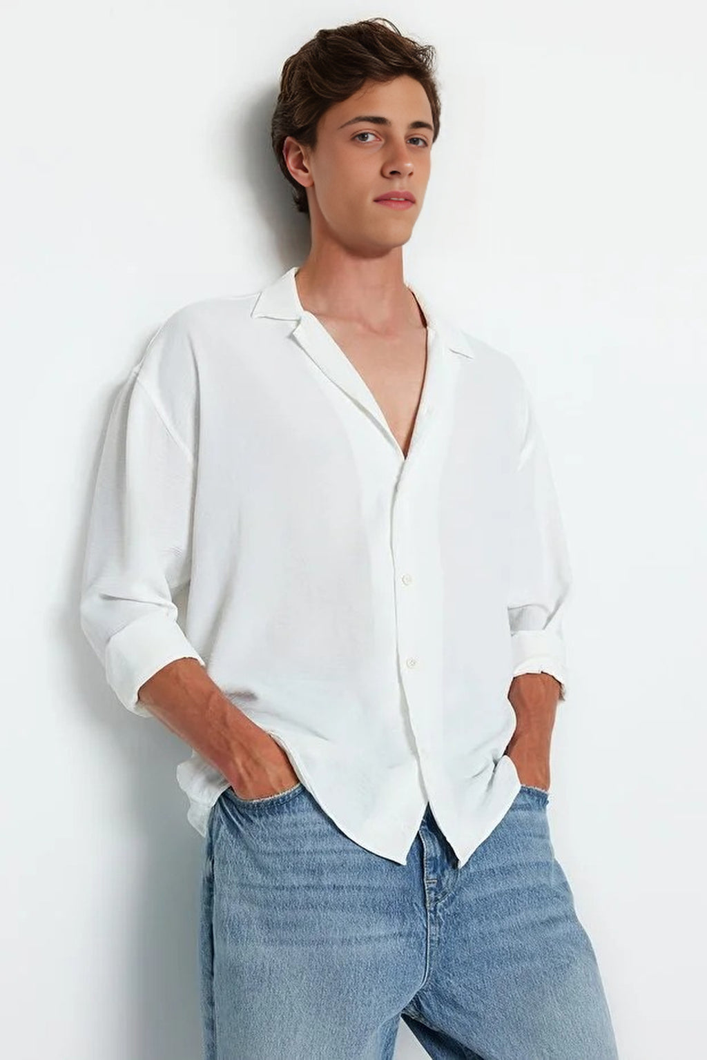 Oversize Fit Open Collar Linen Look Shirt