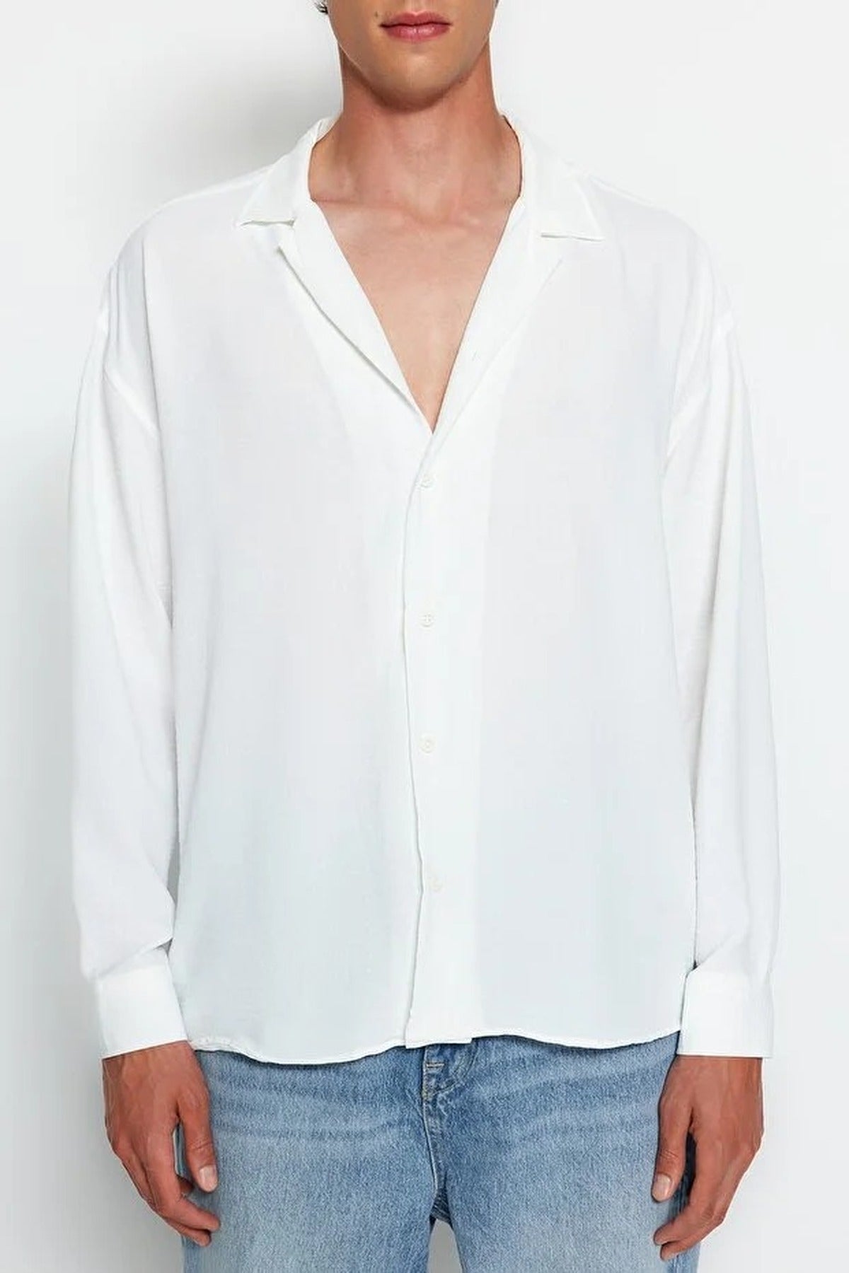 Oversize Fit Open Collar Linen Look Shirt