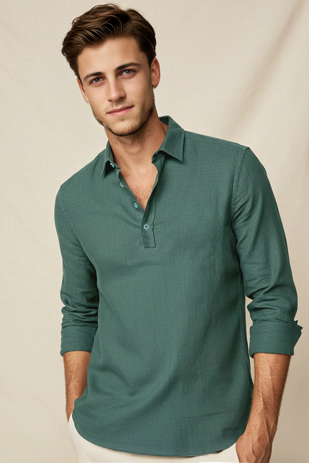 Regular Half Placket 100% Cotton Flamed Linen Look Shirt