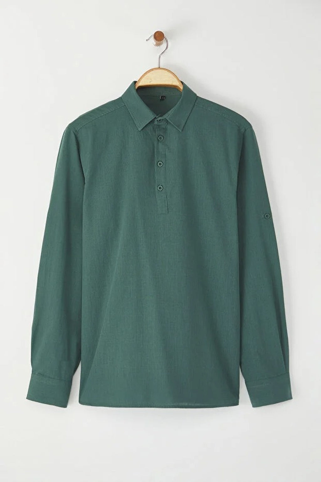 Regular Half Placket 100% Cotton Flamed Linen Look Shirt