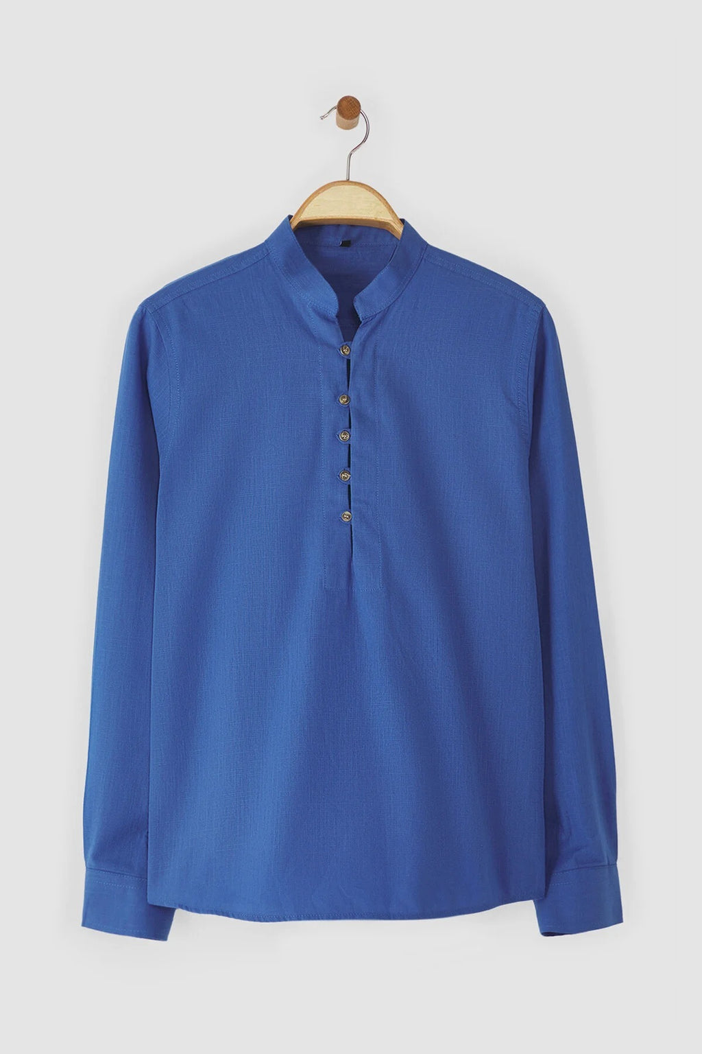 Slim Fit Half Placket Mandarin Collar 100% Cotton Linen Look Shirt