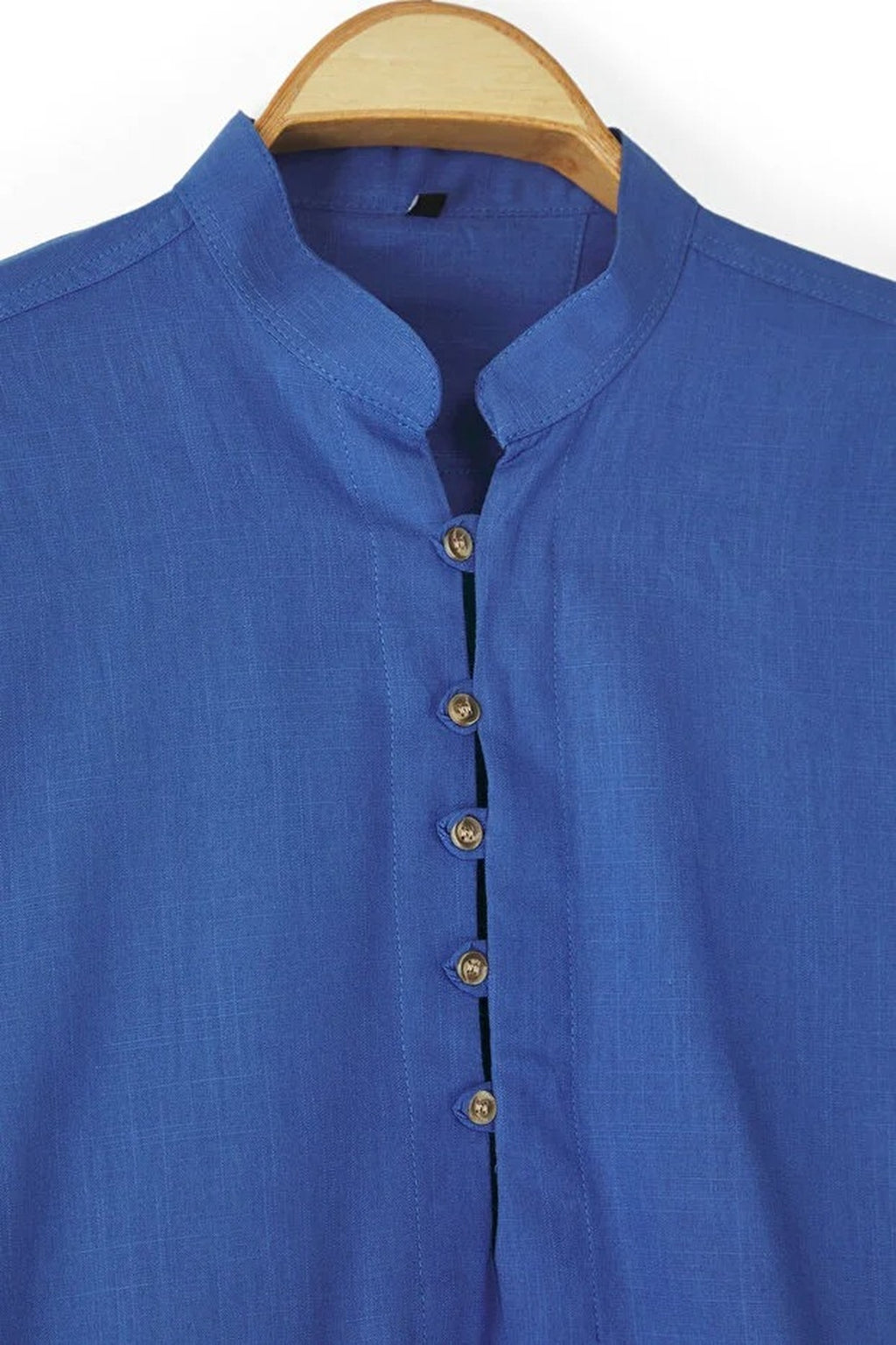 Slim Fit Half Placket Mandarin Collar 100% Cotton Linen Look Shirt