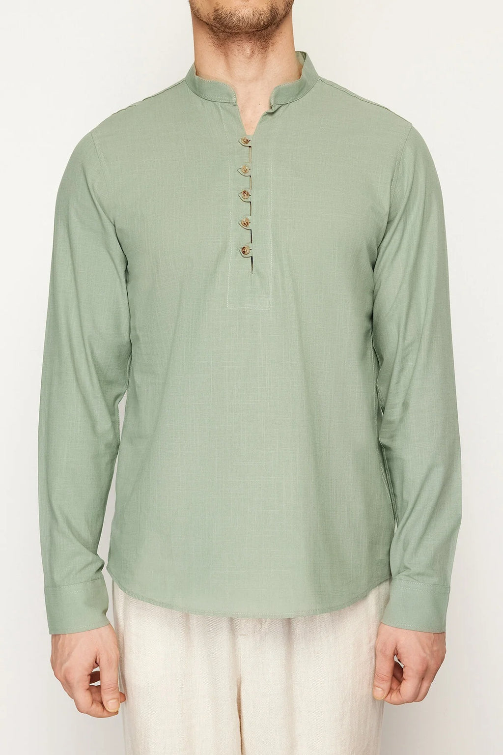 Slim Fit Half Placket Mandarin Collar 100% Cotton Linen Look Shirt