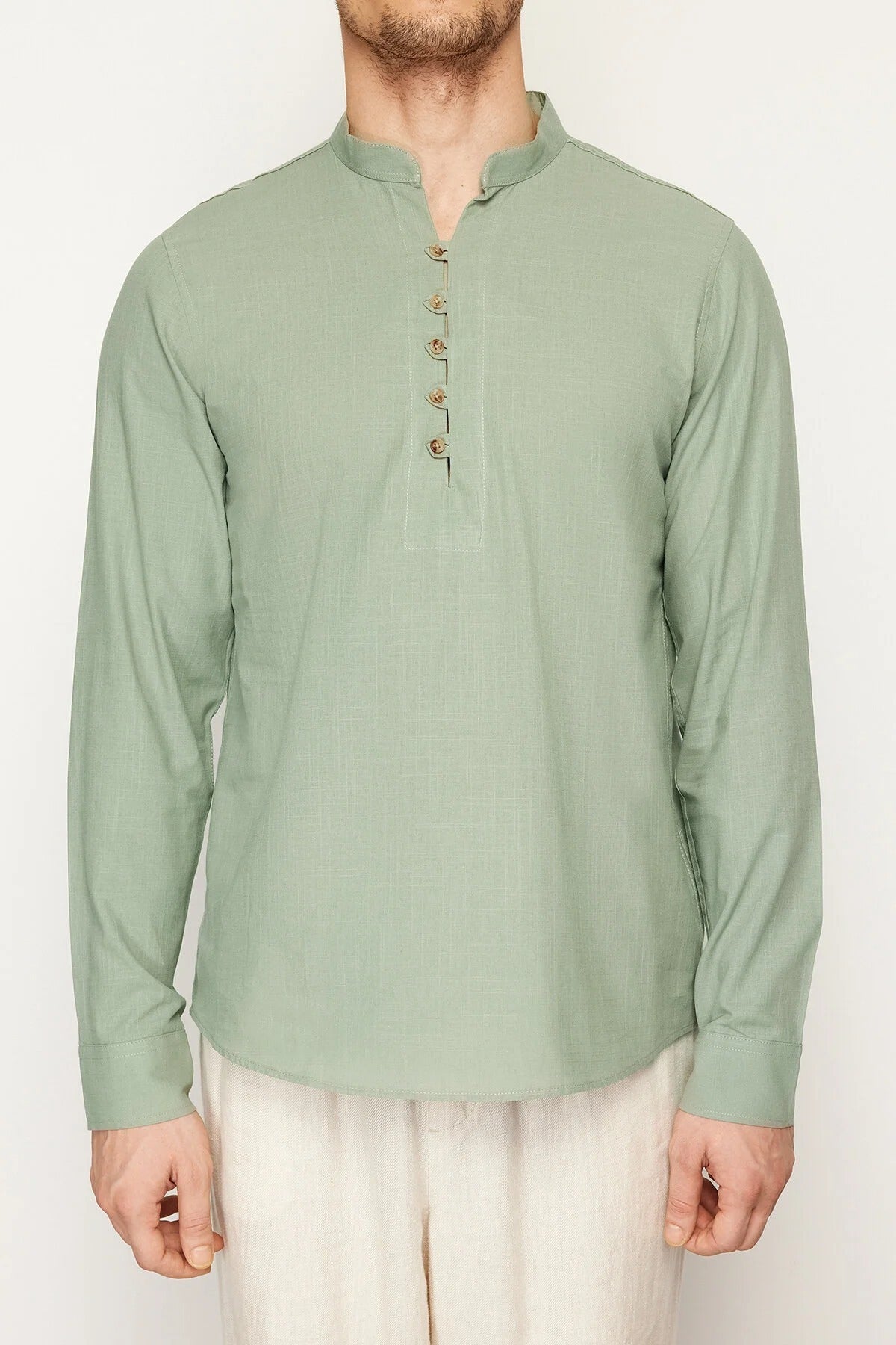 Slim Fit Half Placket Mandarin Collar 100% Cotton Linen Look Shirt