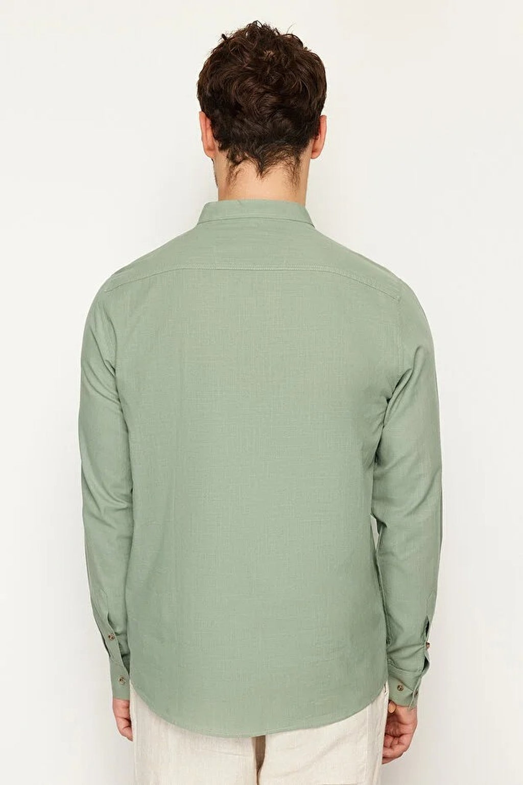 Slim Fit Half Placket Mandarin Collar 100% Cotton Linen Look Shirt