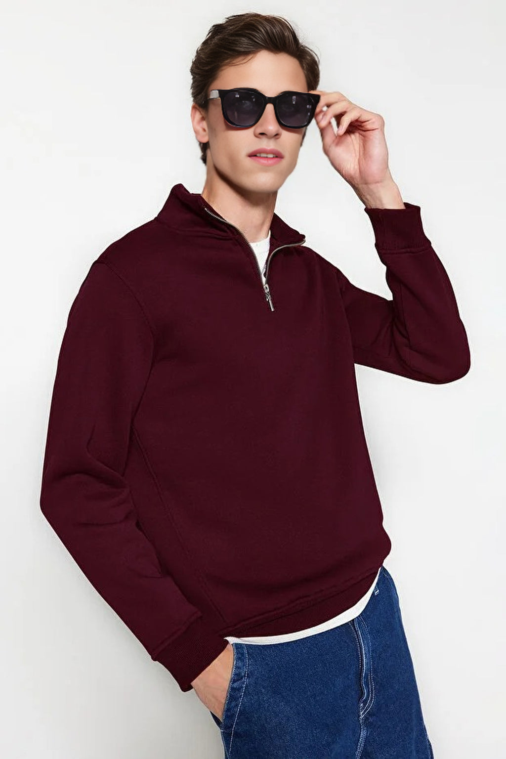 Stand Collar Zippered Basic Sweatshirt